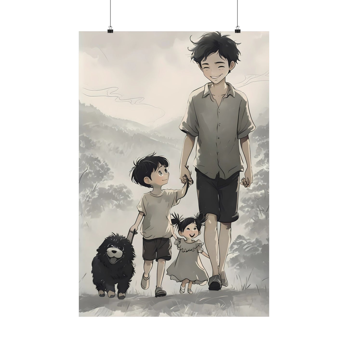 Vertical Family Nature Walk Matte Poster, Father Son Daughter Dog Wall Art Print, Landscape Artwork, Father's Day Gift, Outdoor Adventure