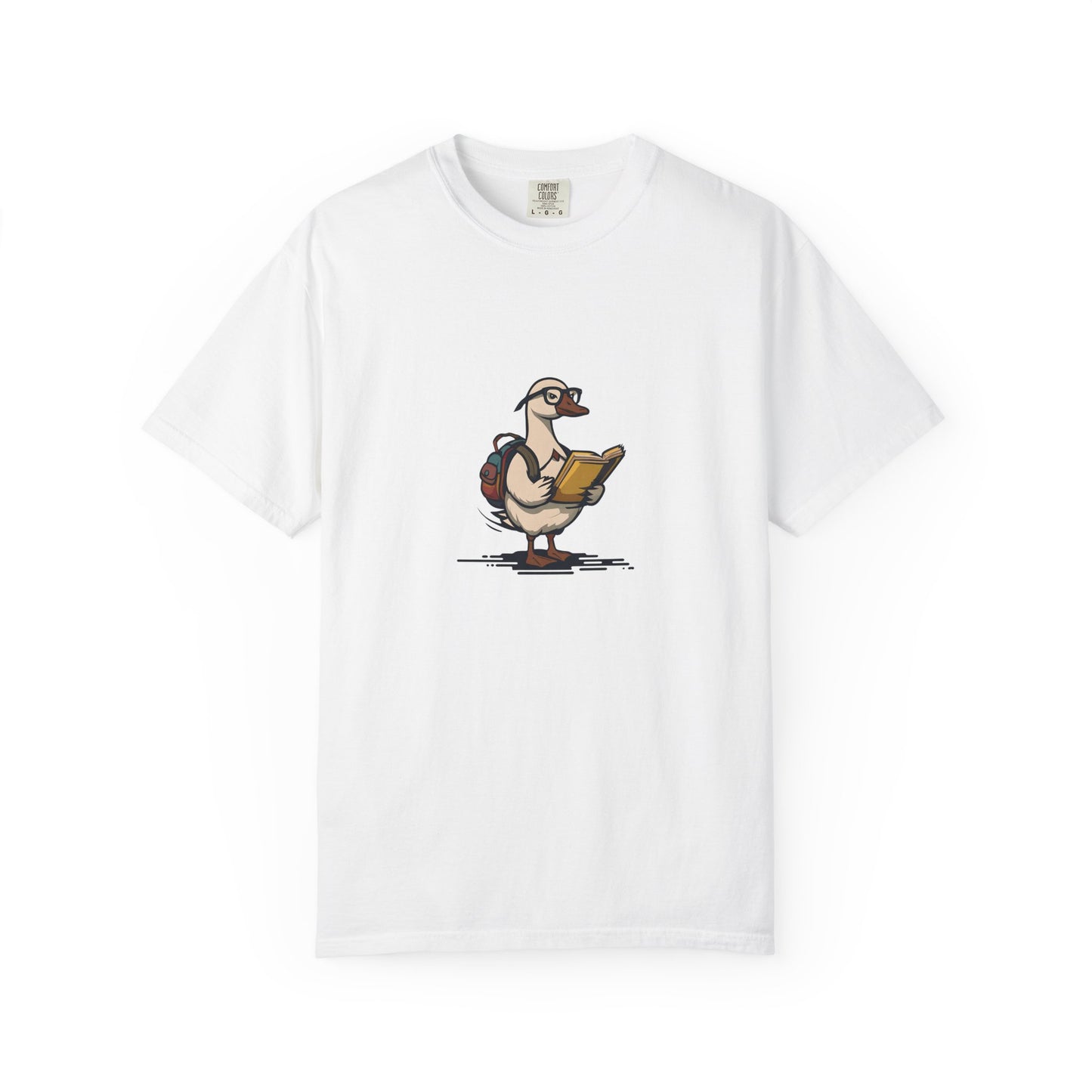 Funny Goose Unisex T-shirt, Silly Animal Reading Book & Backpack Tee, Gift for Book Lovers, Cute Bird Shirt, Novelty Animal Graphic Tee,