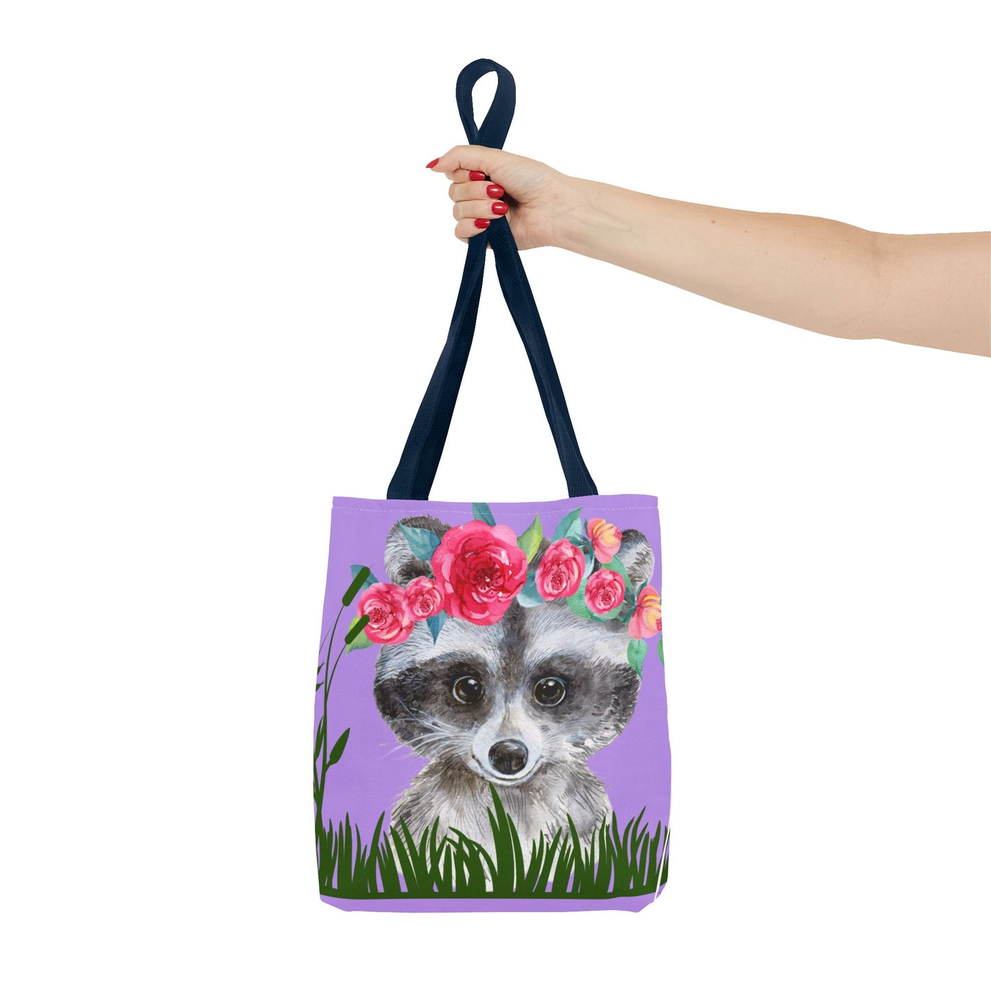 Raccoon Tote Bag, Cute Animal Crown Pink Green Grass Design, Reusable Shopping Bag, Eco-Friendly Purse, Market Grocery Bag, Gift for Animal