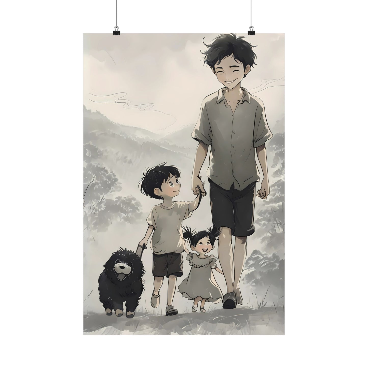 Vertical Family Nature Walk Matte Poster, Father Son Daughter Dog Wall Art Print, Landscape Artwork, Father's Day Gift, Outdoor Adventure