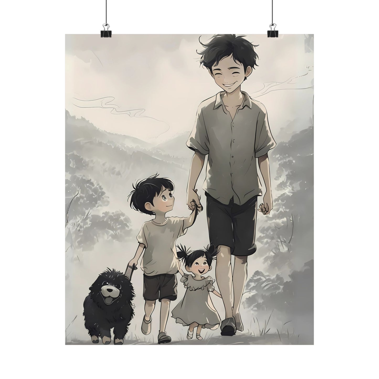 Vertical Family Nature Walk Matte Poster, Father Son Daughter Dog Wall Art Print, Landscape Artwork, Father's Day Gift, Outdoor Adventure