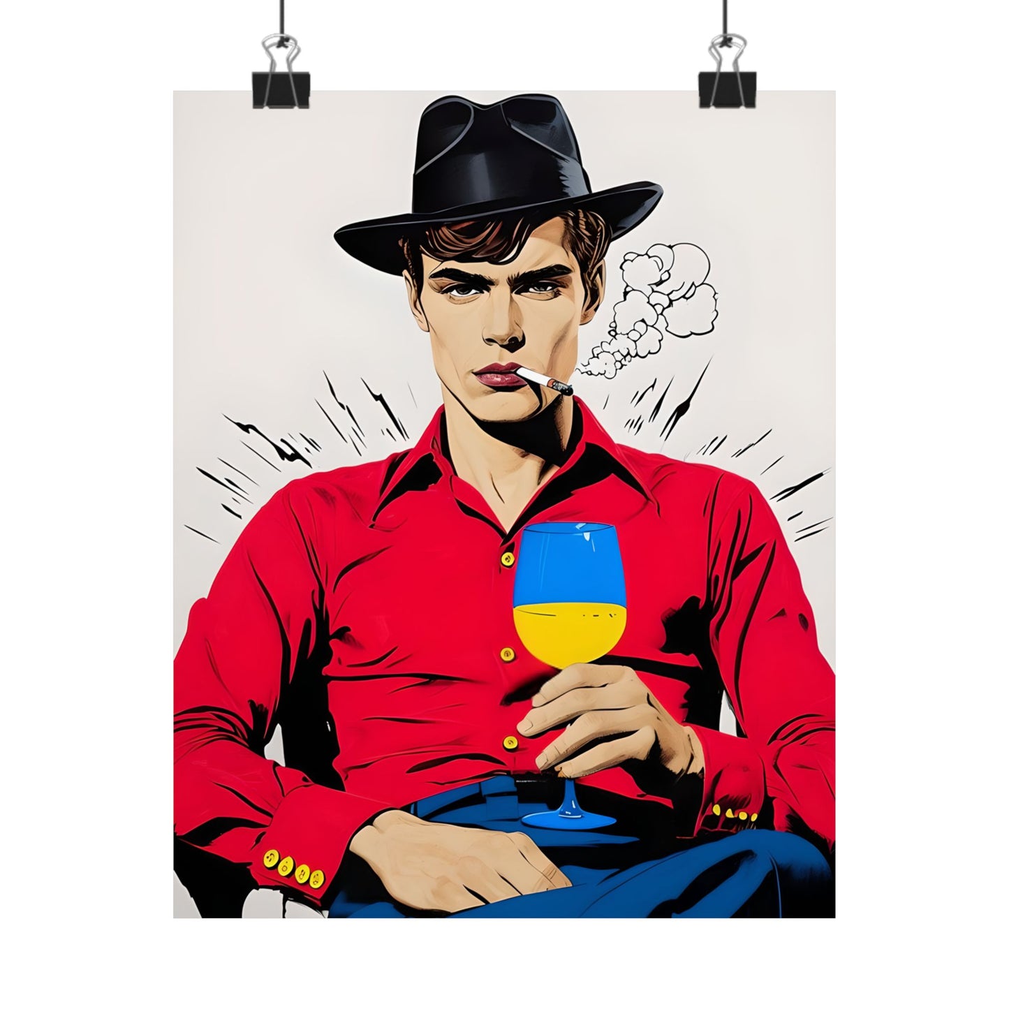 A young man holding a cup and smoking a cigarette Pop Art style, red and blue, Home Office Decor, Matte Poster Art.