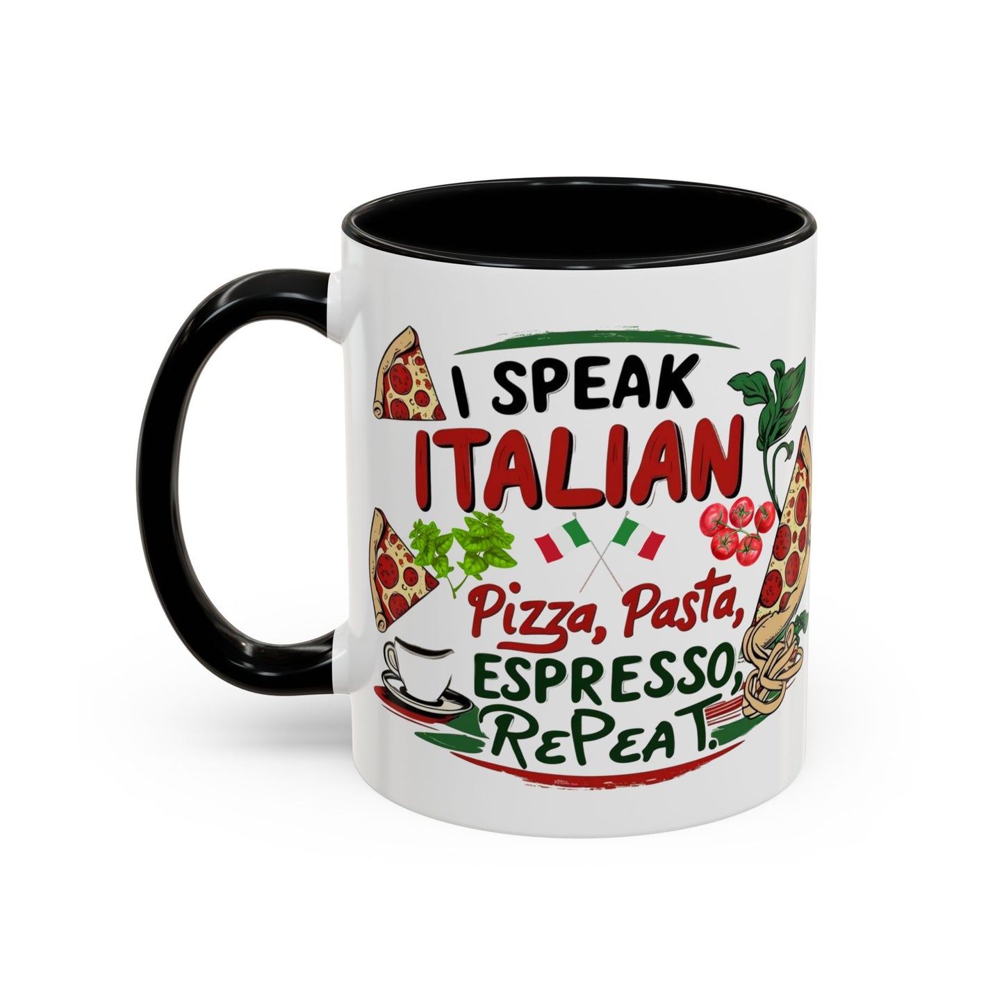 Coffee Mug, Italian Food Lover Gift, Funny Coffee Cup, Kitchen Decor, Espresso Repeat Design, 11oz 15oz Tea Cup, Pizza Pasta Mug, Tomato