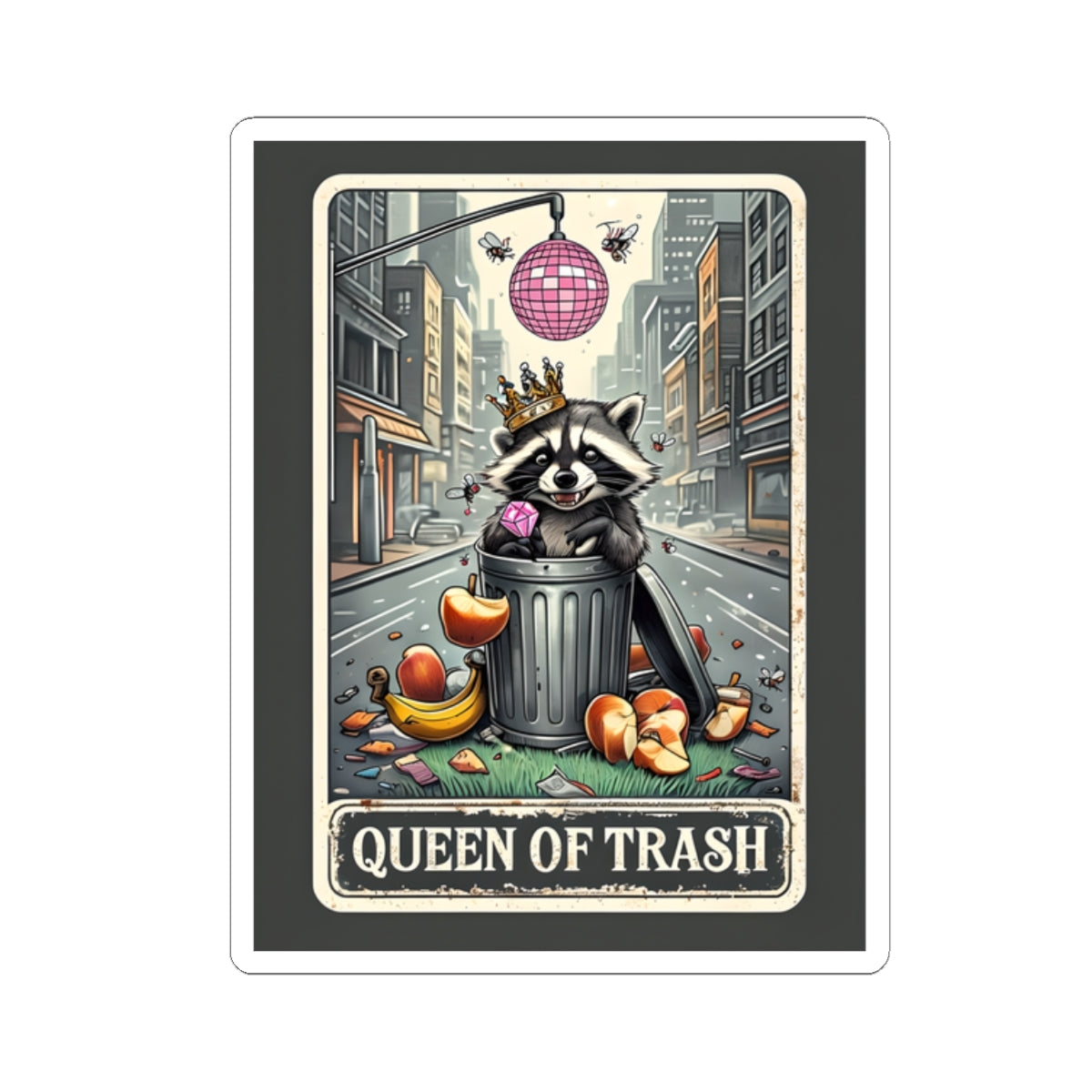 Sticker - Queen of Trash Raccoon with Diamond Ring and Crown with disco ball