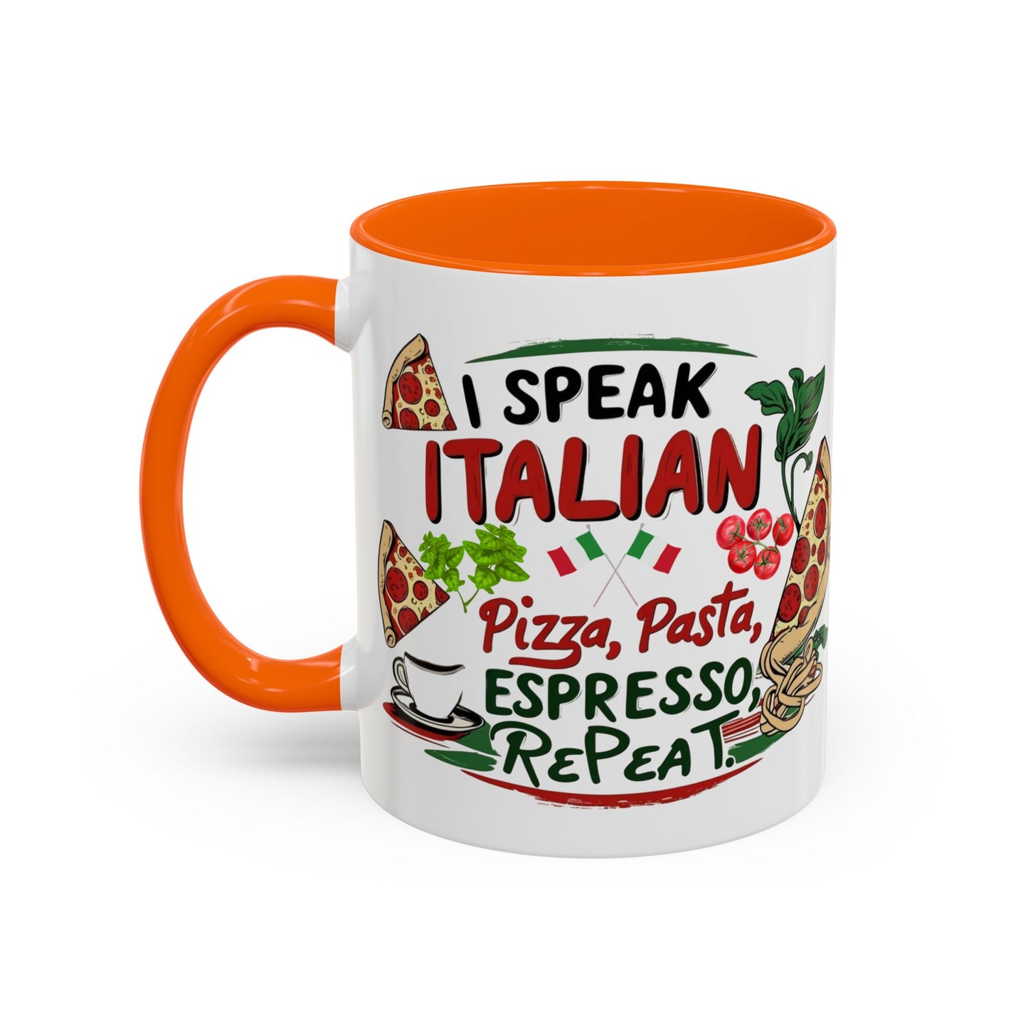 Coffee Mug, Italian Food Lover Gift, Funny Coffee Cup, Kitchen Decor, Espresso Repeat Design, 11oz 15oz Tea Cup, Pizza Pasta Mug, Tomato