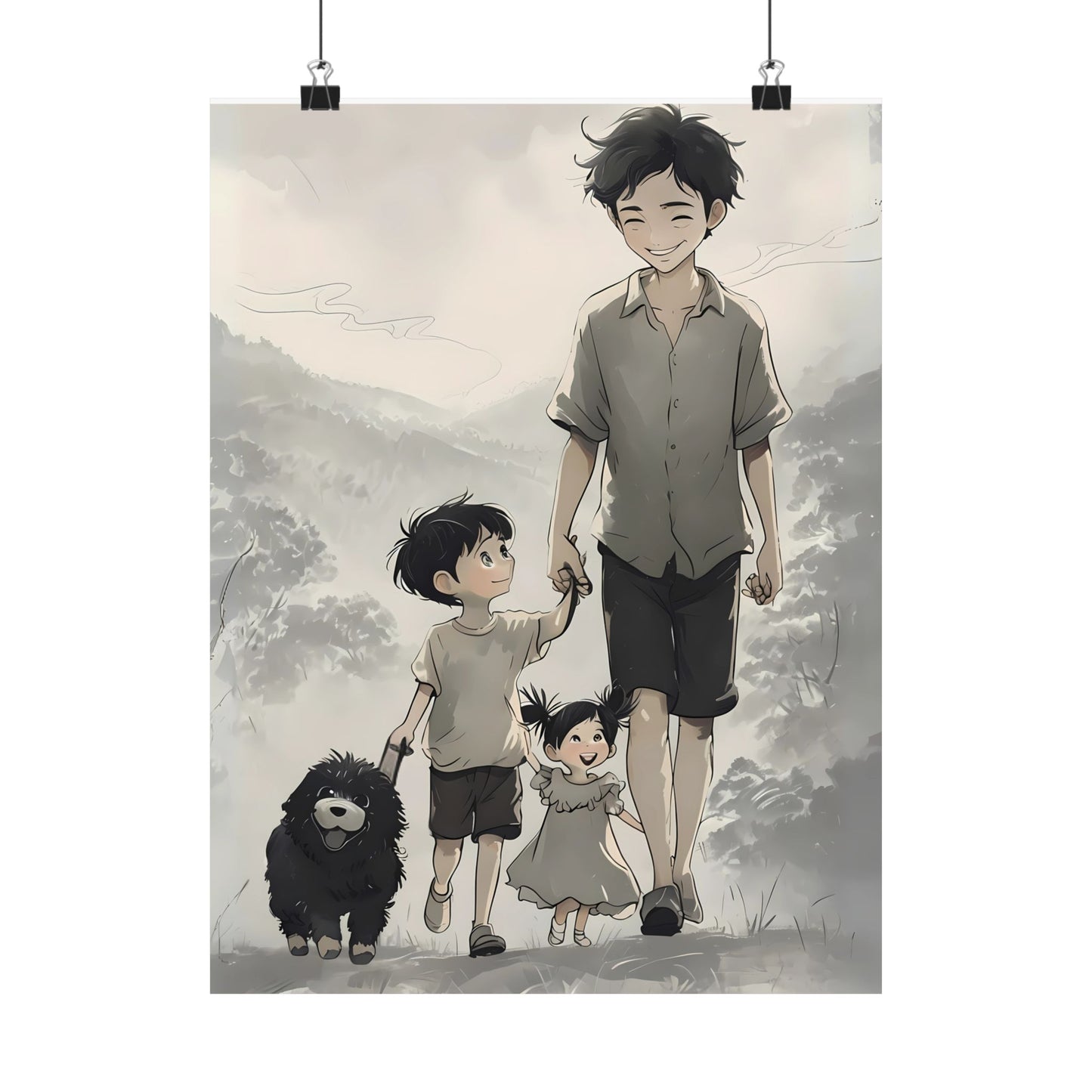 Vertical Family Nature Walk Matte Poster, Father Son Daughter Dog Wall Art Print, Landscape Artwork, Father's Day Gift, Outdoor Adventure