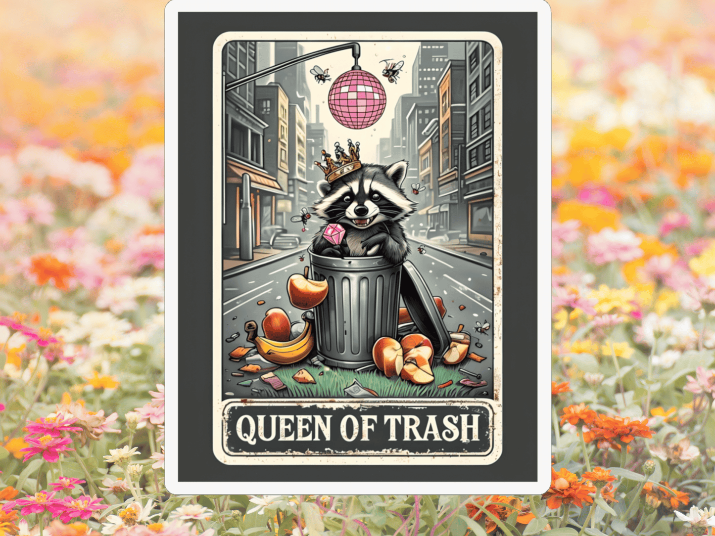 Sticker - Queen of Trash Raccoon with Diamond Ring and Crown with disco ball