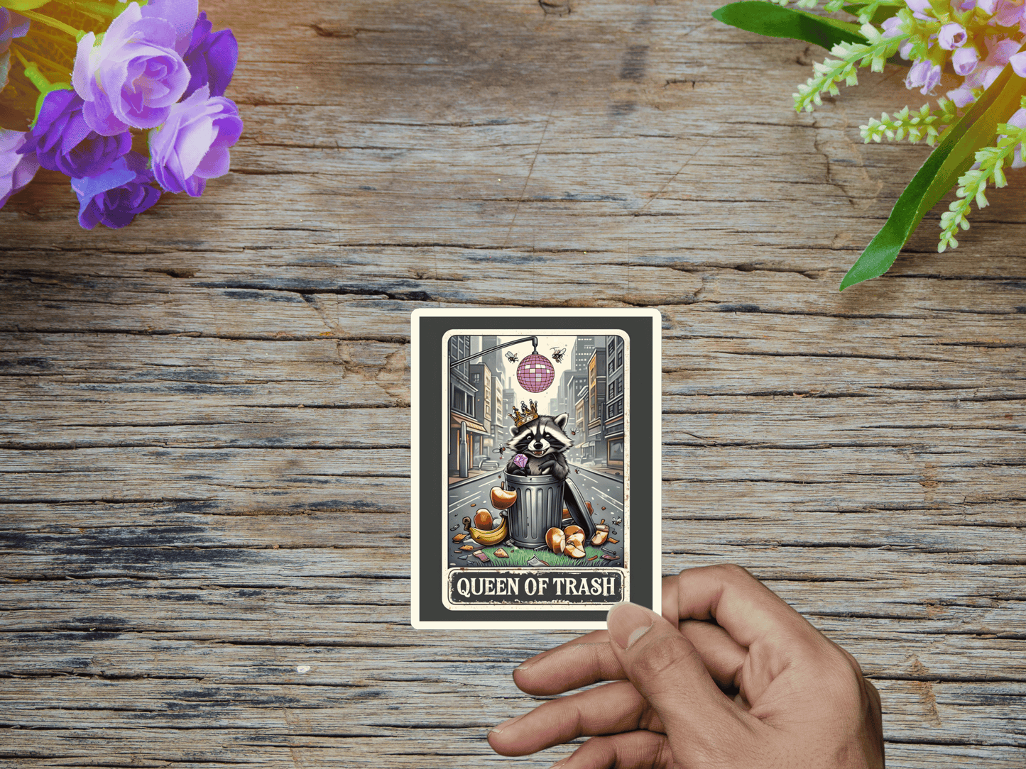 Sticker - Queen of Trash Raccoon with Diamond Ring and Crown with disco ball