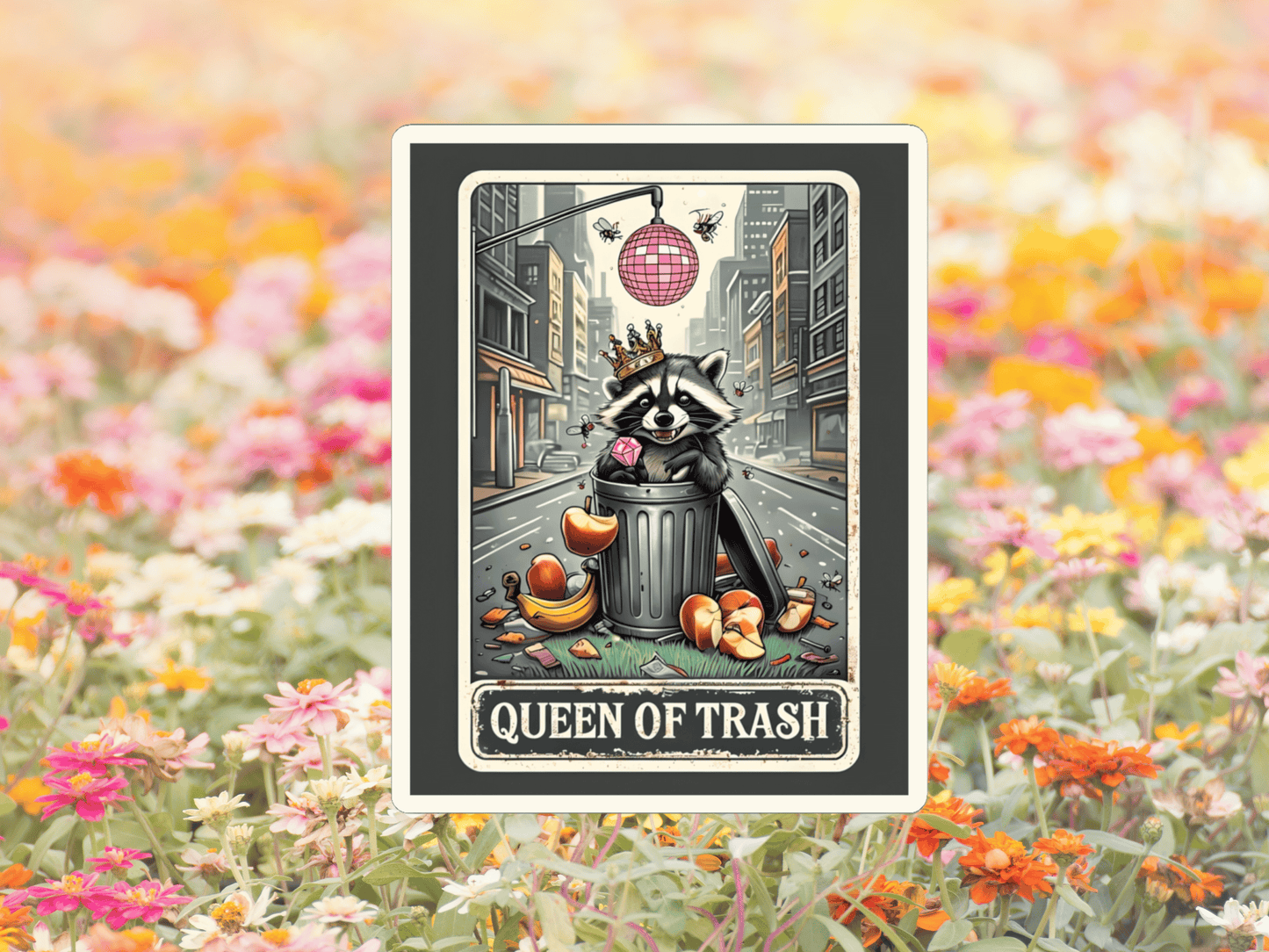 Sticker - Queen of Trash Raccoon with Diamond Ring and Crown with disco ball