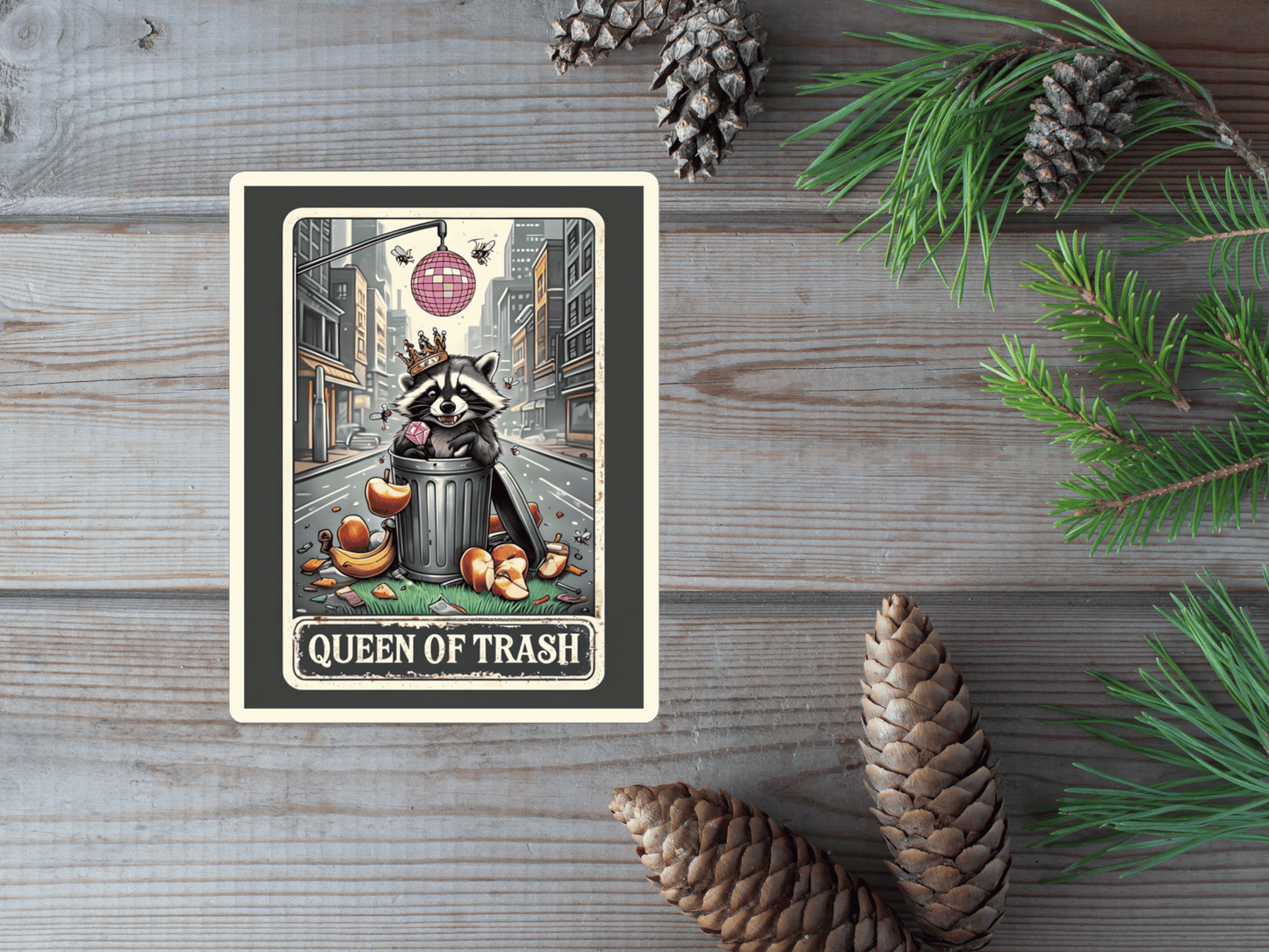 Sticker - Queen of Trash Raccoon with Diamond Ring and Crown with disco ball