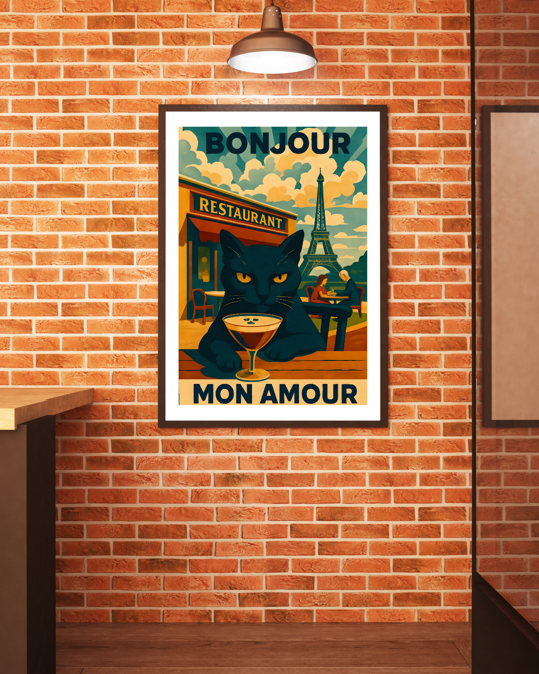 Paris Poster, Black Cat in Paris Cafe Bonjour Mon Amour Matte Print, Wall Art, Home Decor, French Cat Lover Gift, Espresso Drink Eiffel