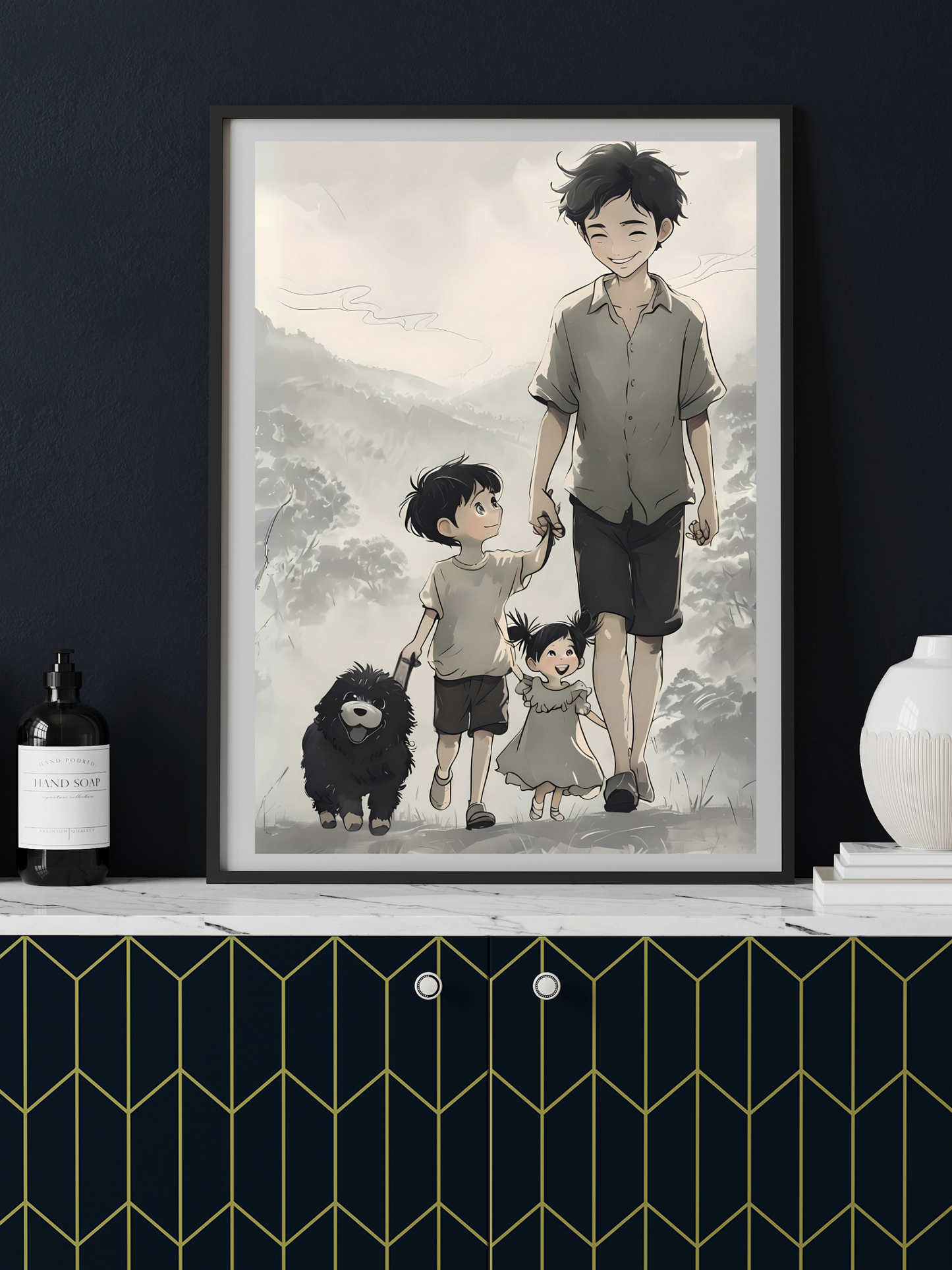 Vertical Family Nature Walk Matte Poster, Father Son Daughter Dog Wall Art Print, Landscape Artwork, Father's Day Gift, Outdoor Adventure