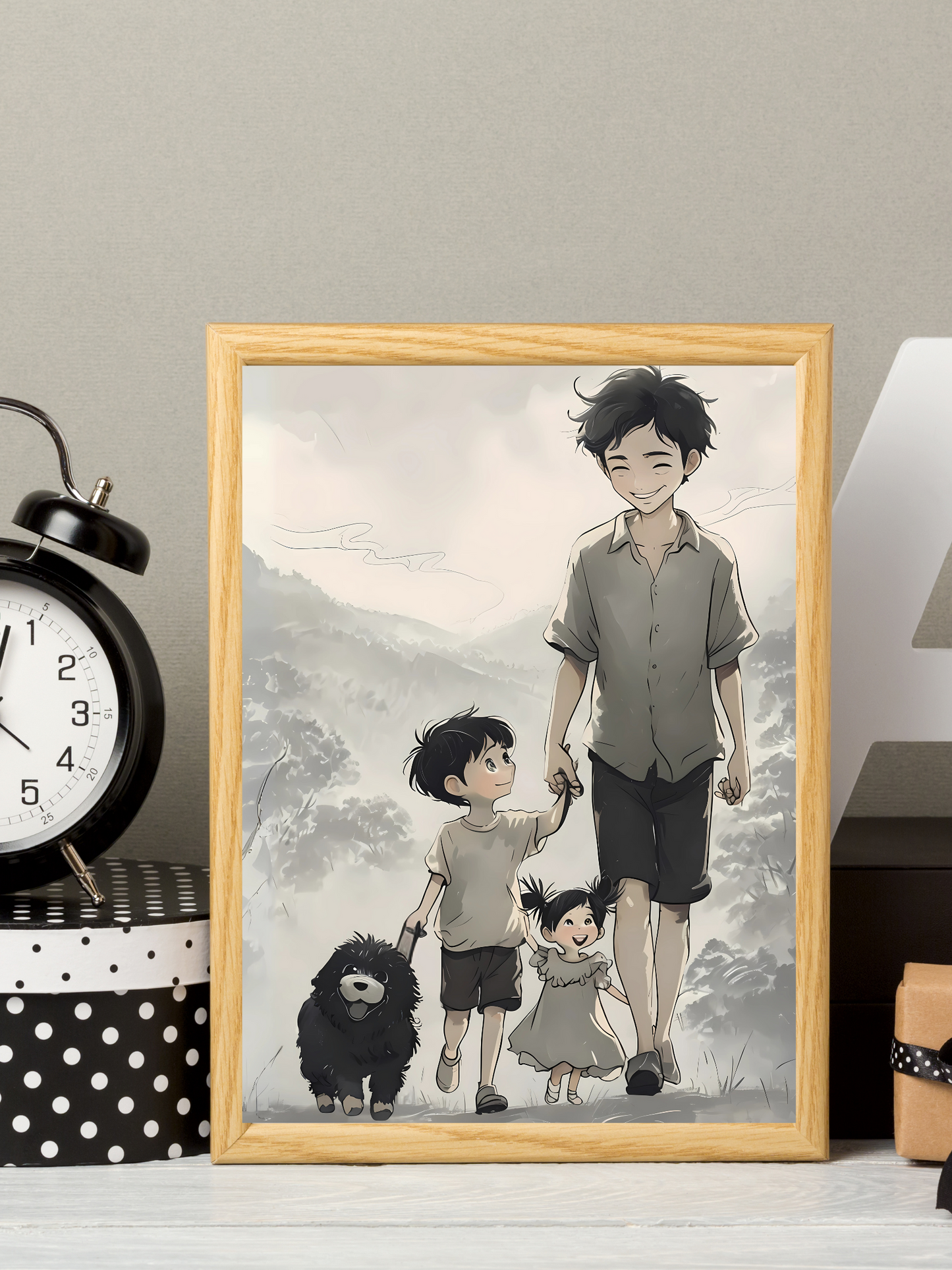 Vertical Family Nature Walk Matte Poster, Father Son Daughter Dog Wall Art Print, Landscape Artwork, Father's Day Gift, Outdoor Adventure