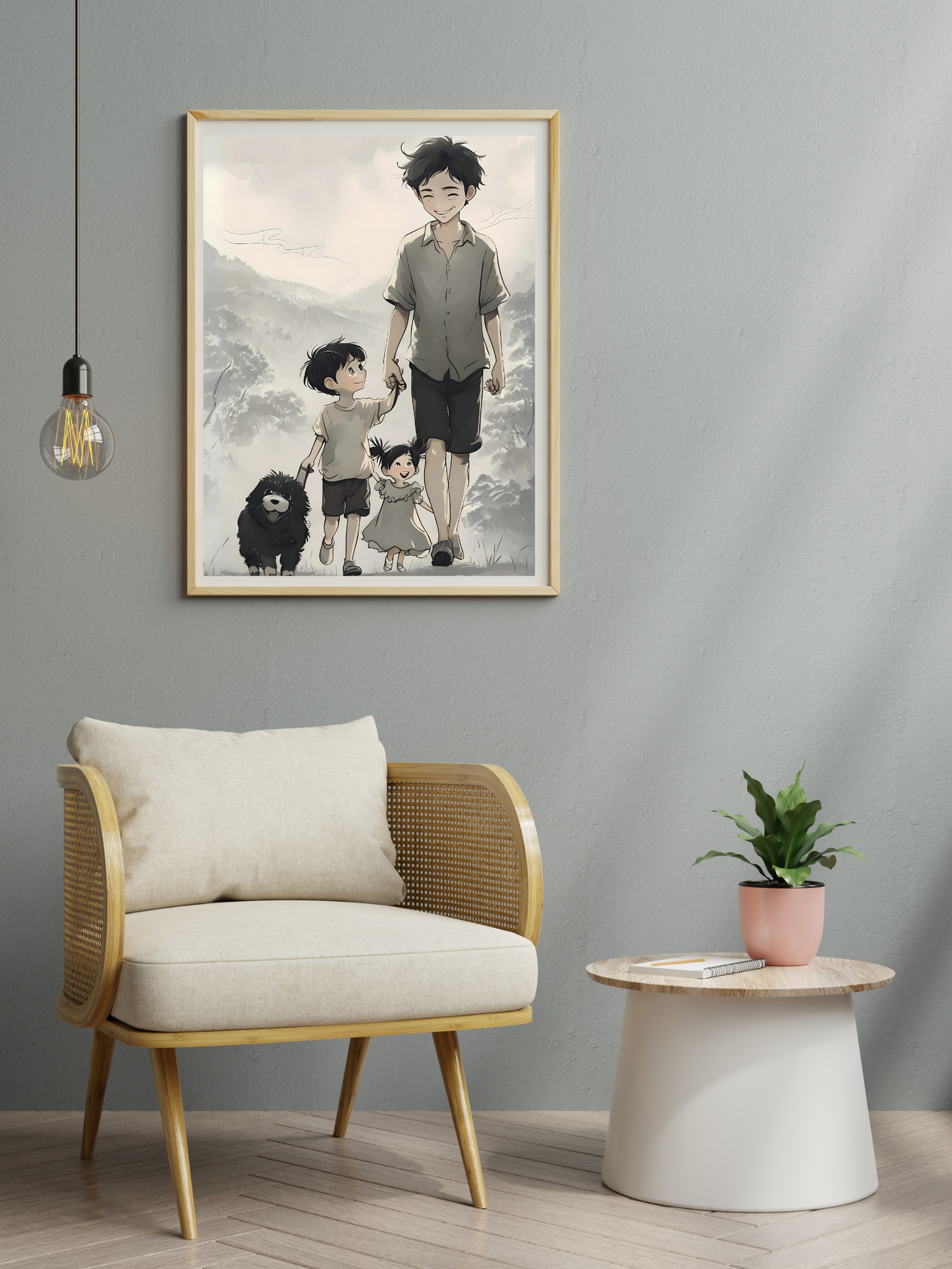 Vertical Family Nature Walk Matte Poster, Father Son Daughter Dog Wall Art Print, Landscape Artwork, Father's Day Gift, Outdoor Adventure