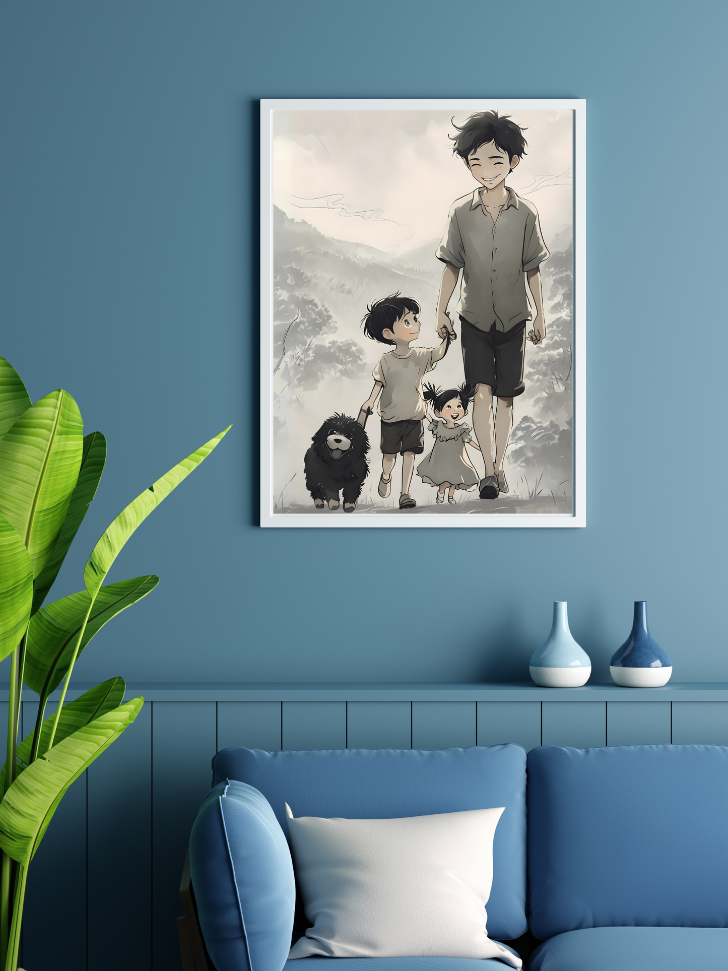 Vertical Family Nature Walk Matte Poster, Father Son Daughter Dog Wall Art Print, Landscape Artwork, Father's Day Gift, Outdoor Adventure