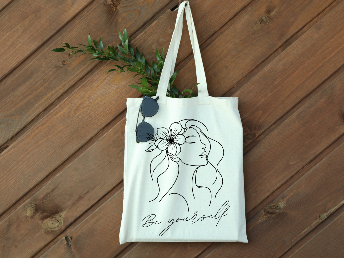 Tote Bag - Be Yourself Phrase with Woman's Head and Flower Design