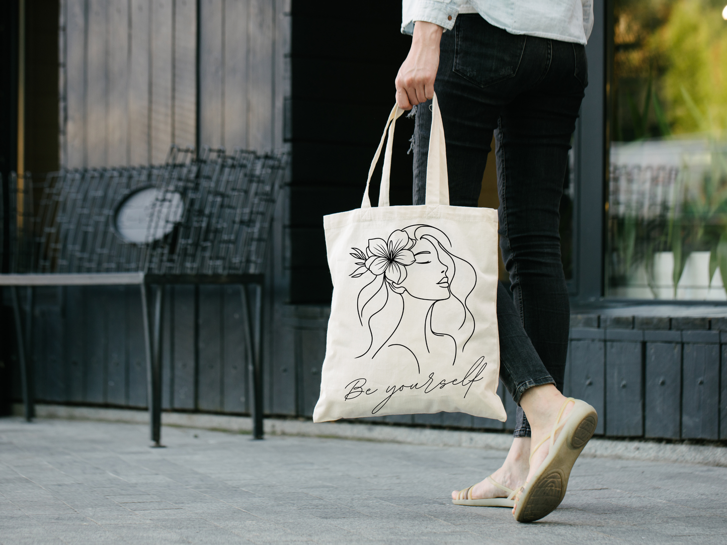 Tote Bag - Be Yourself Phrase with Woman's Head and Flower Design