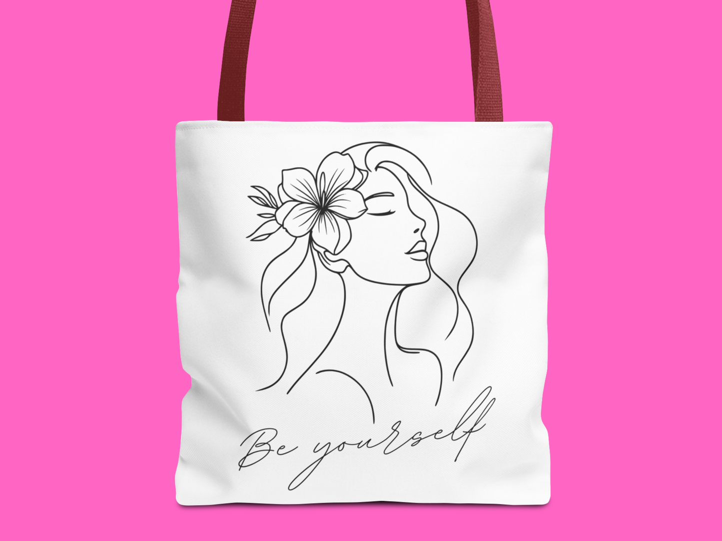Tote Bag - Be Yourself Phrase with Woman's Head and Flower Design