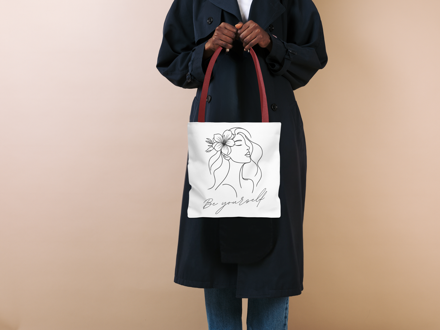 Tote Bag - Be Yourself Phrase with Woman's Head and Flower Design