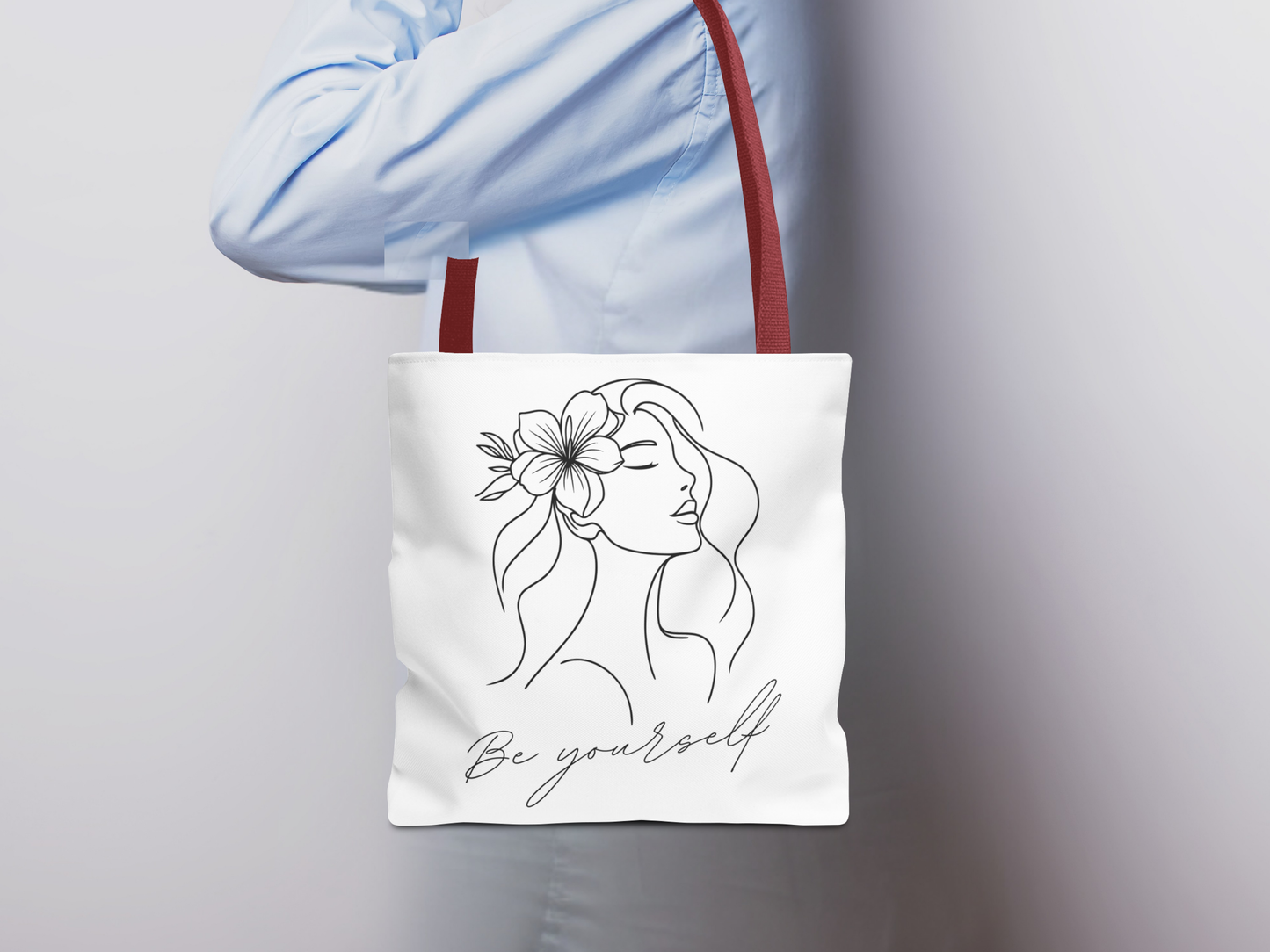 Tote Bag - Be Yourself Phrase with Woman's Head and Flower Design