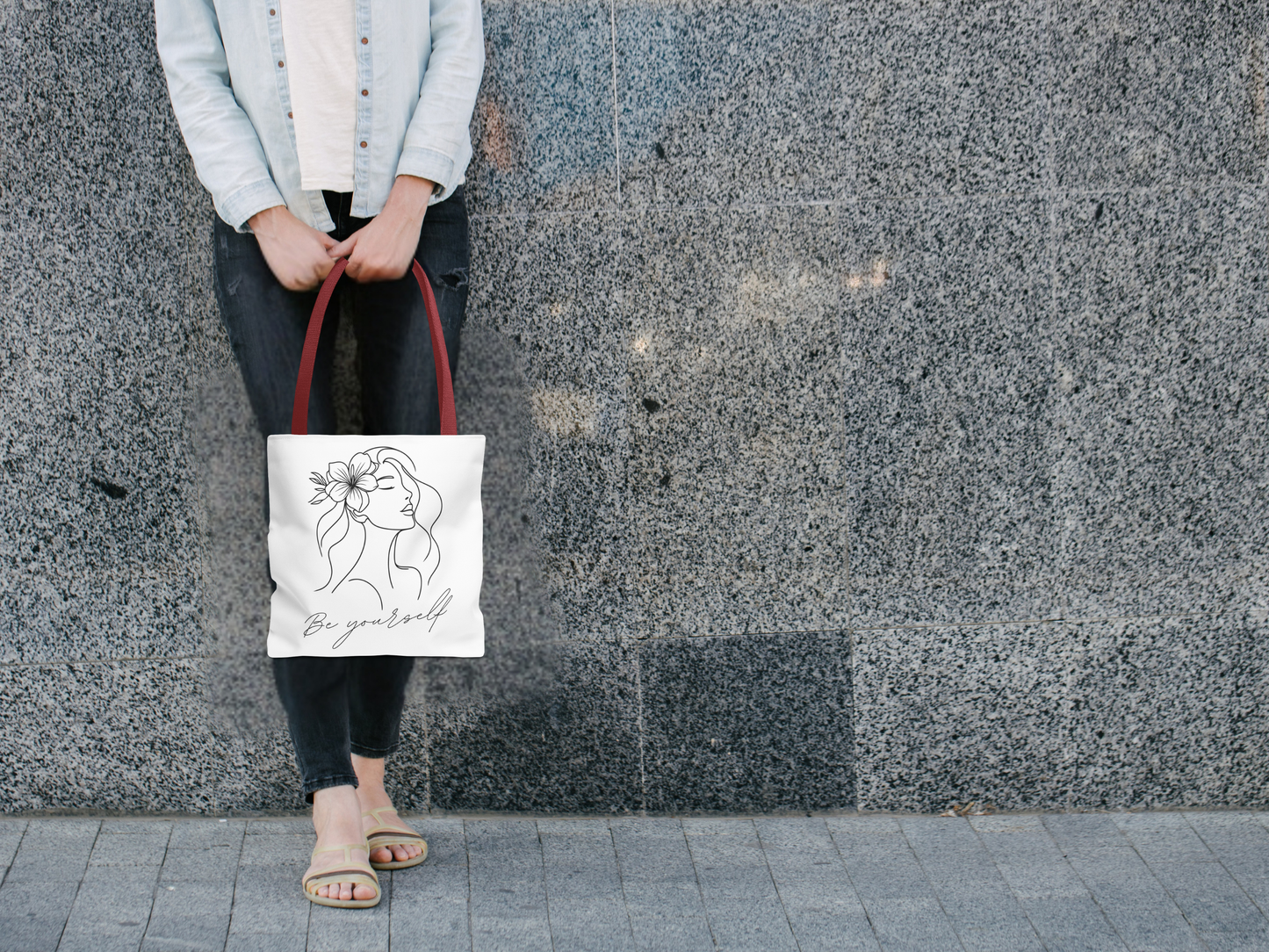 Tote Bag - Be Yourself Phrase with Woman's Head and Flower Design