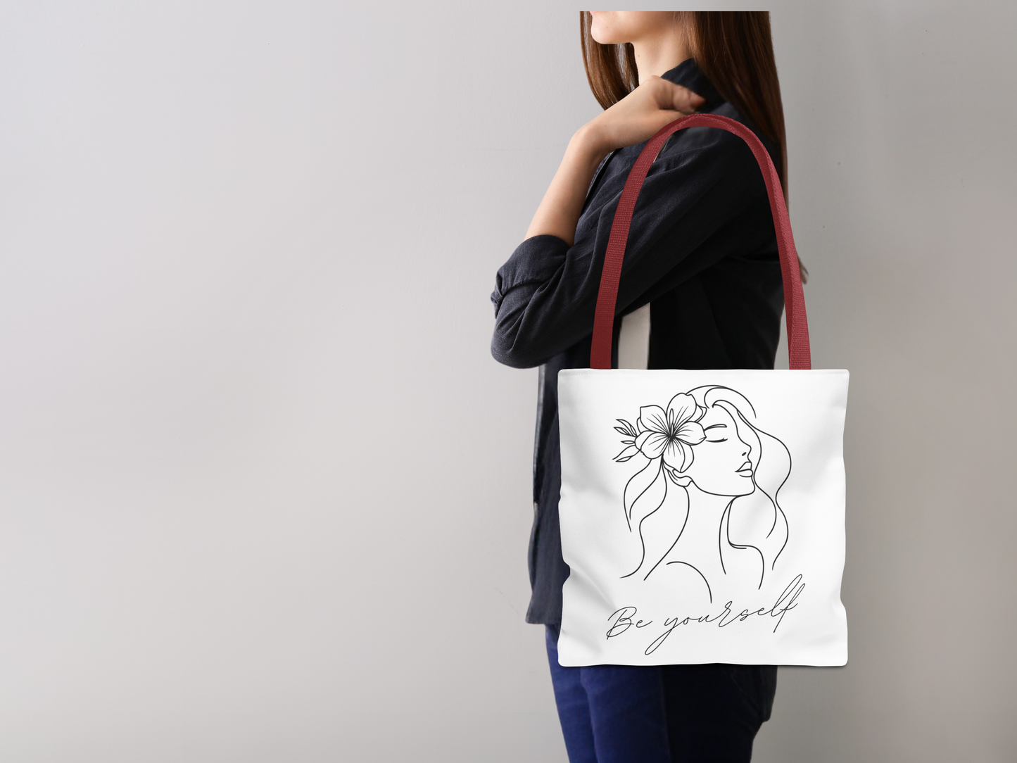 Tote Bag - Be Yourself Phrase with Woman's Head and Flower Design