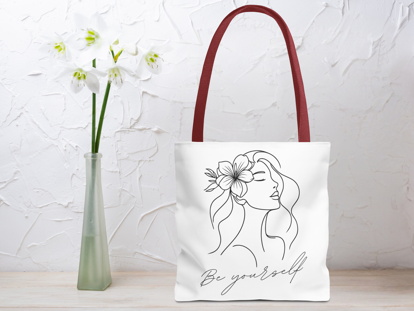 Tote Bag - Be Yourself Phrase with Woman's Head and Flower Design
