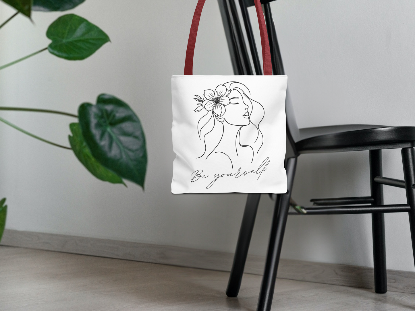 Tote Bag - Be Yourself Phrase with Woman's Head and Flower Design