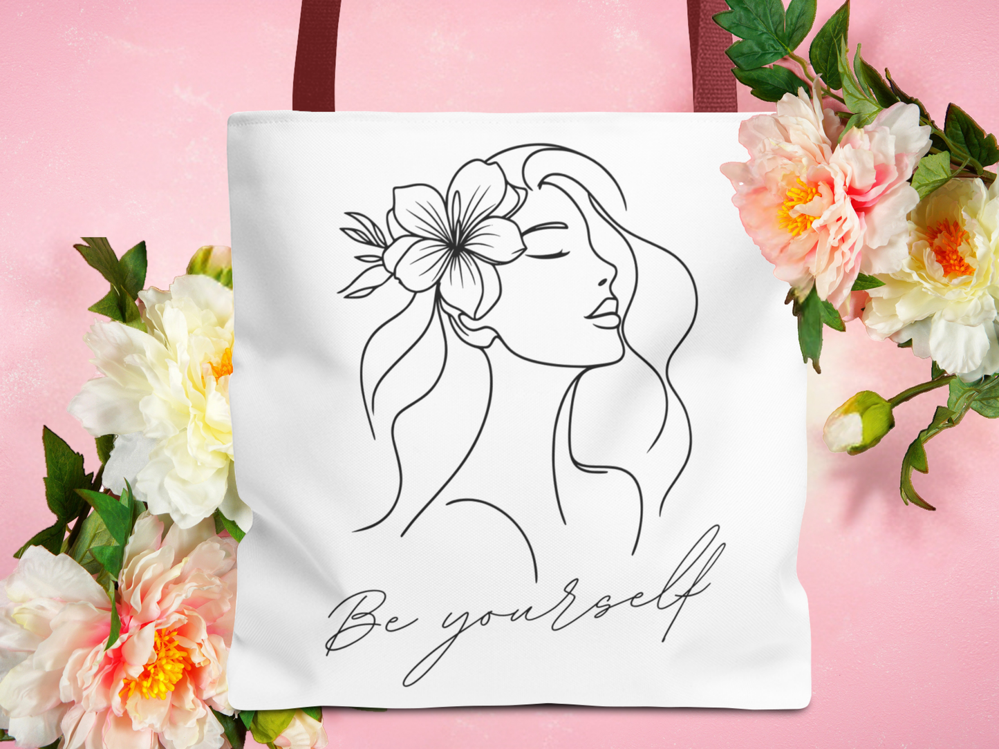 Tote Bag - Be Yourself Phrase with Woman's Head and Flower Design