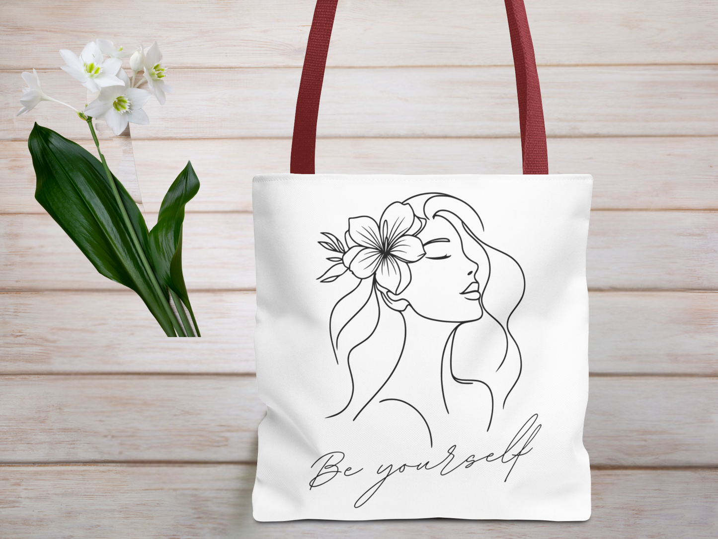Tote Bag - Be Yourself Phrase with Woman's Head and Flower Design