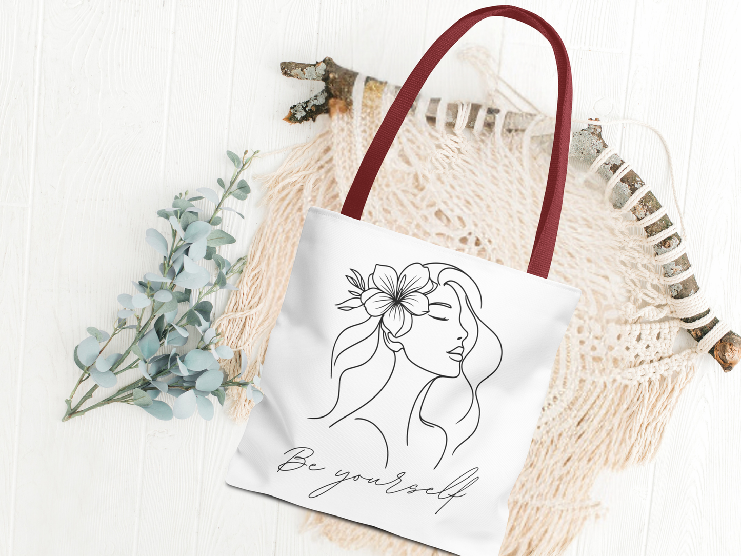 Tote Bag - Be Yourself Phrase with Woman's Head and Flower Design