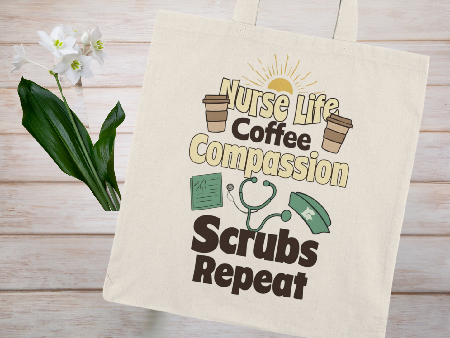 Nurse Life Tote Bag, Coffee Compassion Scrubs Repeat Bag, Gift for Nurses, Reusable Shopping Tote, Hospital Tote, Eco-Friendly Bag