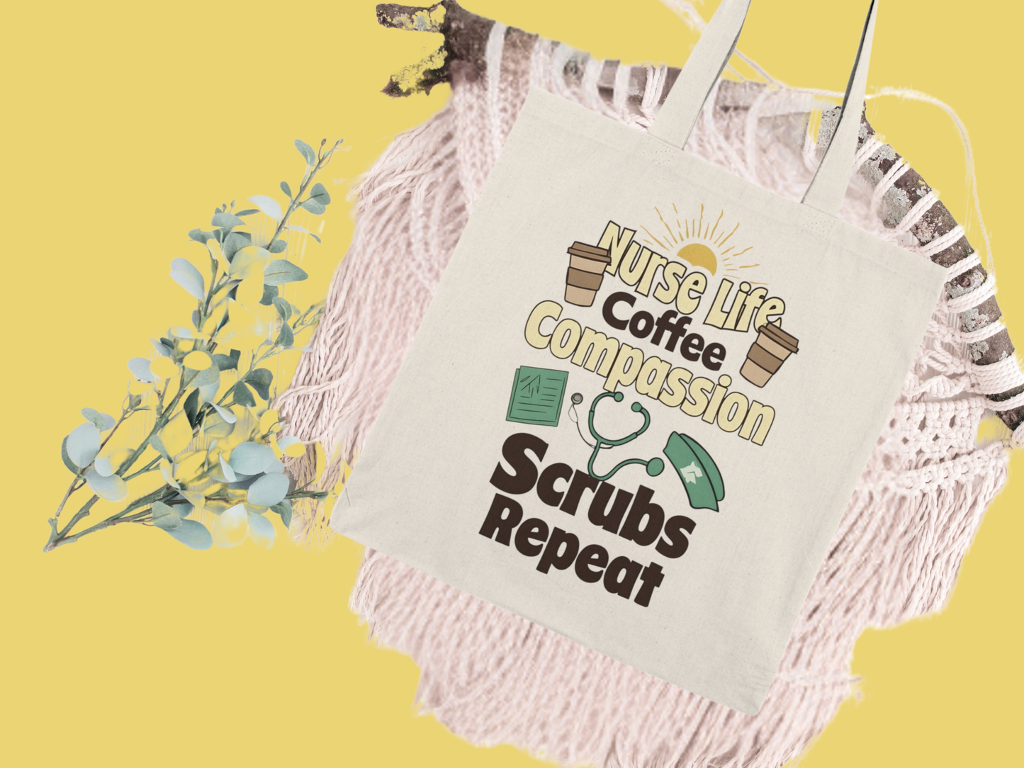 Nurse Life Tote Bag, Coffee Compassion Scrubs Repeat Bag, Gift for Nurses, Reusable Shopping Tote, Hospital Tote, Eco-Friendly Bag