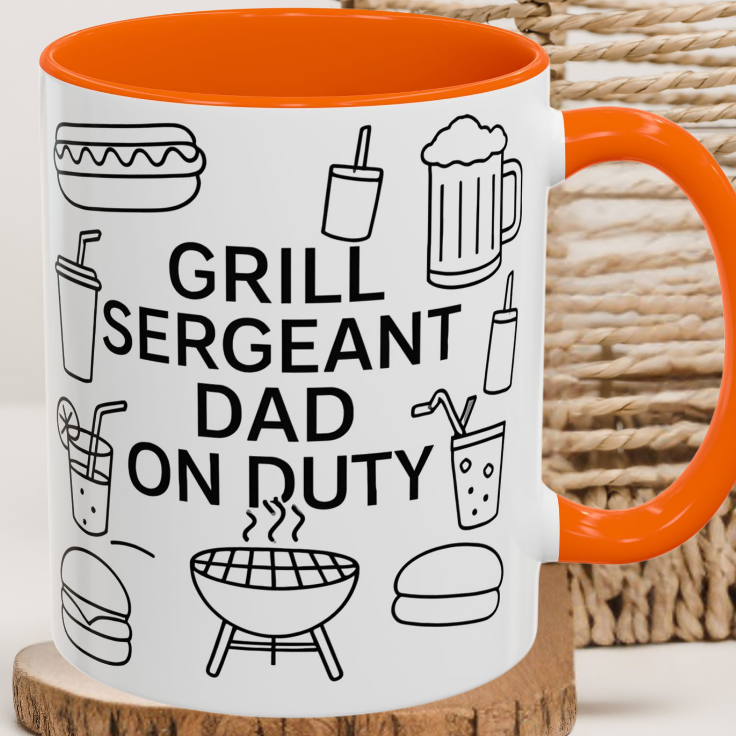 Mug with 'Grill Sergeant Dad on Duty' text and grill graphics on a white background
