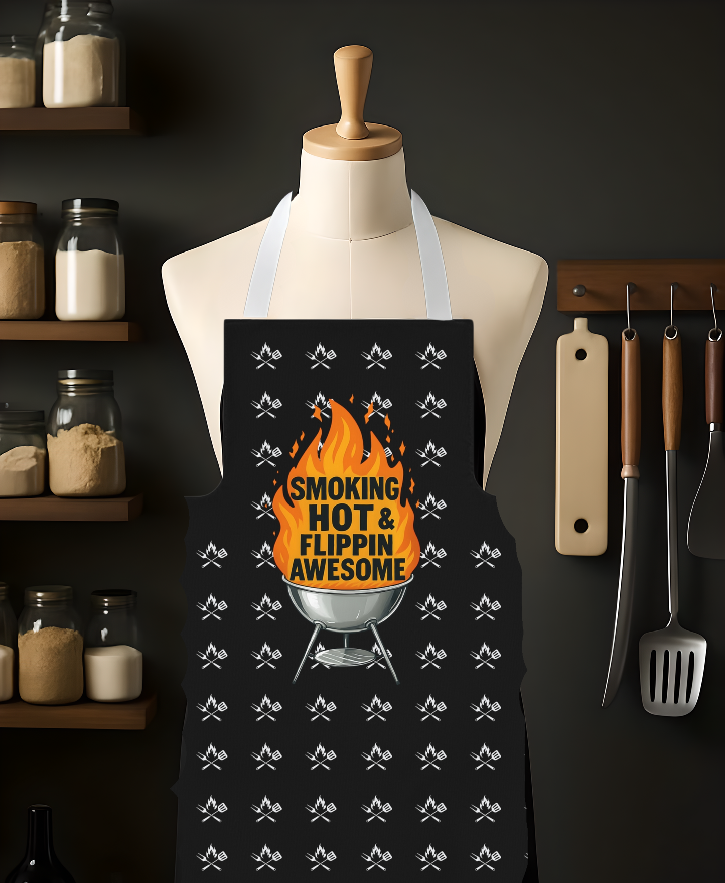 Barbecue Apron, Grilling Apron, BBQ Apron, Cooking Apron, Chef Apron, Smoking Hot & Flipping Awesome Phrase with Big Flame Apron for Adults