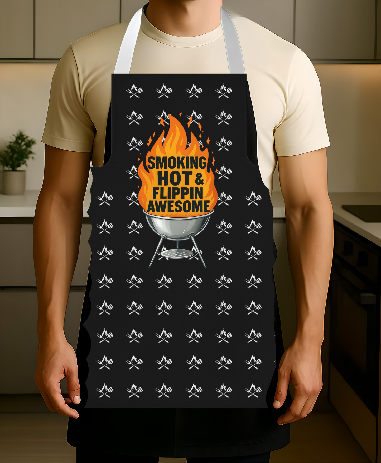 Barbecue Apron, Grilling Apron, BBQ Apron, Cooking Apron, Chef Apron, Smoking Hot & Flipping Awesome Phrase with Big Flame Apron for Adults