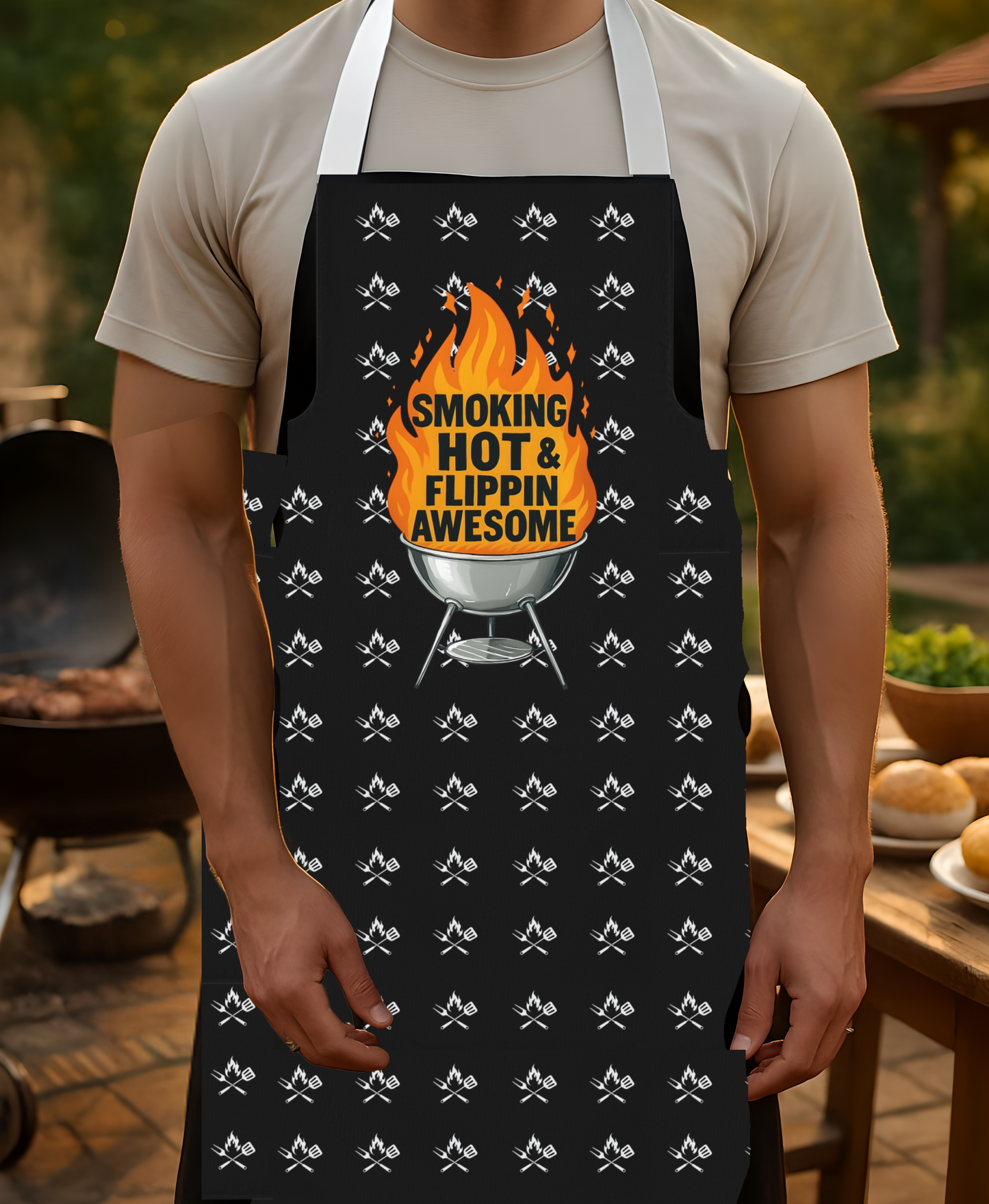 Barbecue Apron, Grilling Apron, BBQ Apron, Cooking Apron, Chef Apron, Smoking Hot & Flipping Awesome Phrase with Big Flame Apron for Adults