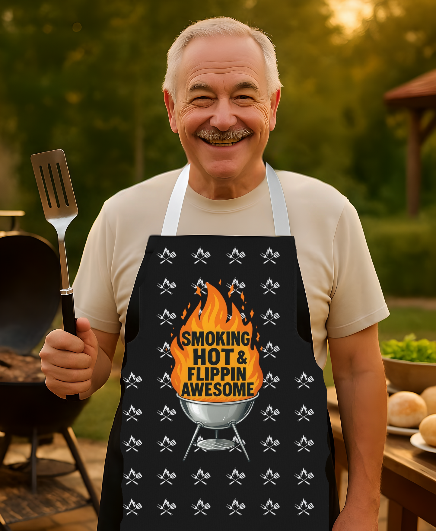 Barbecue Apron, Grilling Apron, BBQ Apron, Cooking Apron, Chef Apron, Smoking Hot & Flipping Awesome Phrase with Big Flame Apron for Adults