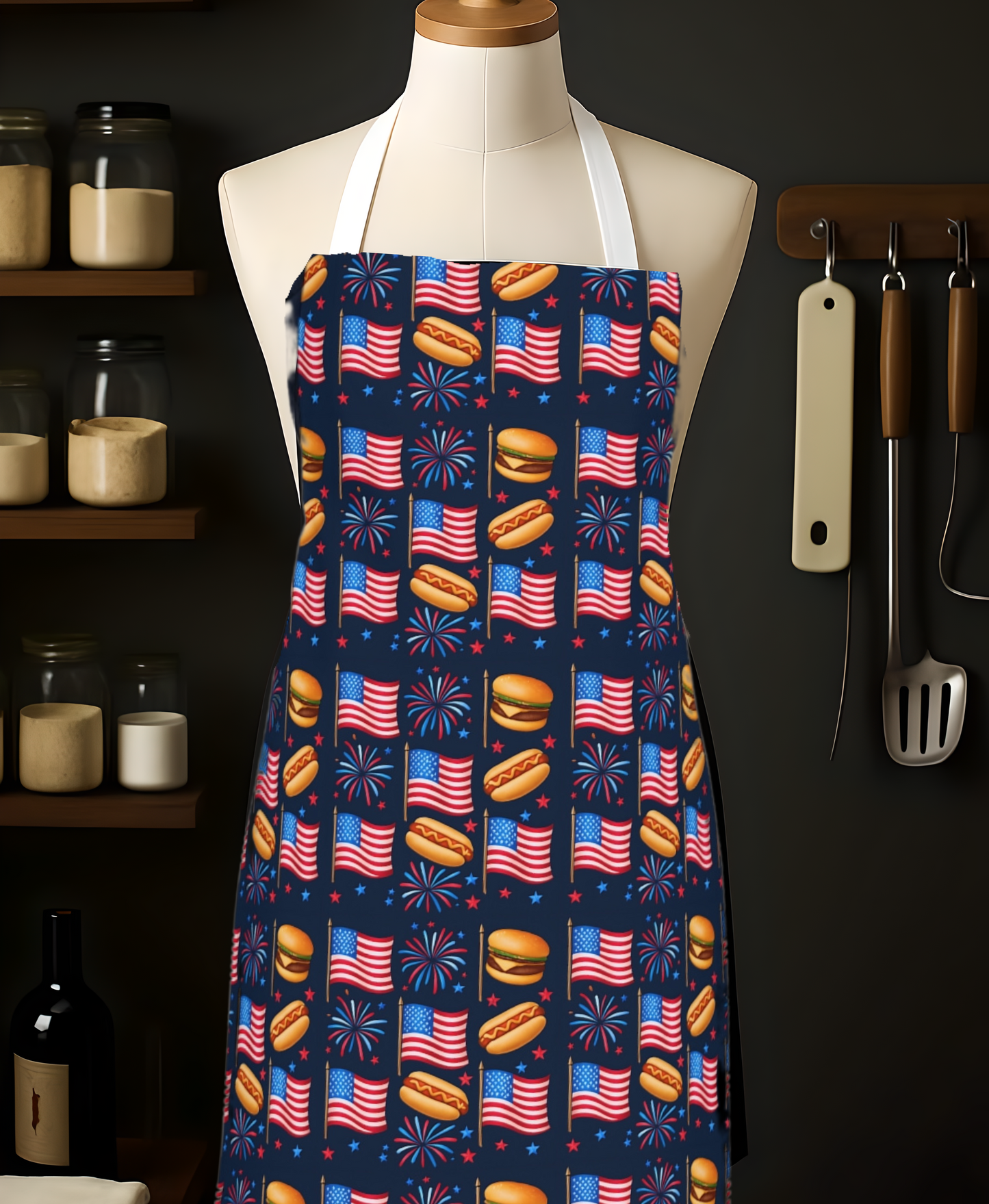 American Flag BBQ Apron, Cooking Chef Apron, Patriotic Grilling Apron, Barbecue Apron, Red White Blue Fireworks Apron