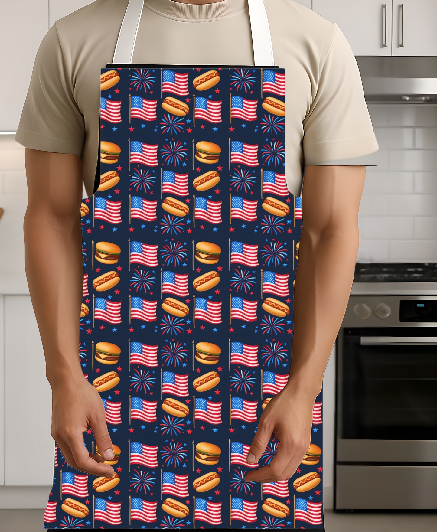 American Flag BBQ Apron, Cooking Chef Apron, Patriotic Grilling Apron, Barbecue Apron, Red White Blue Fireworks Apron