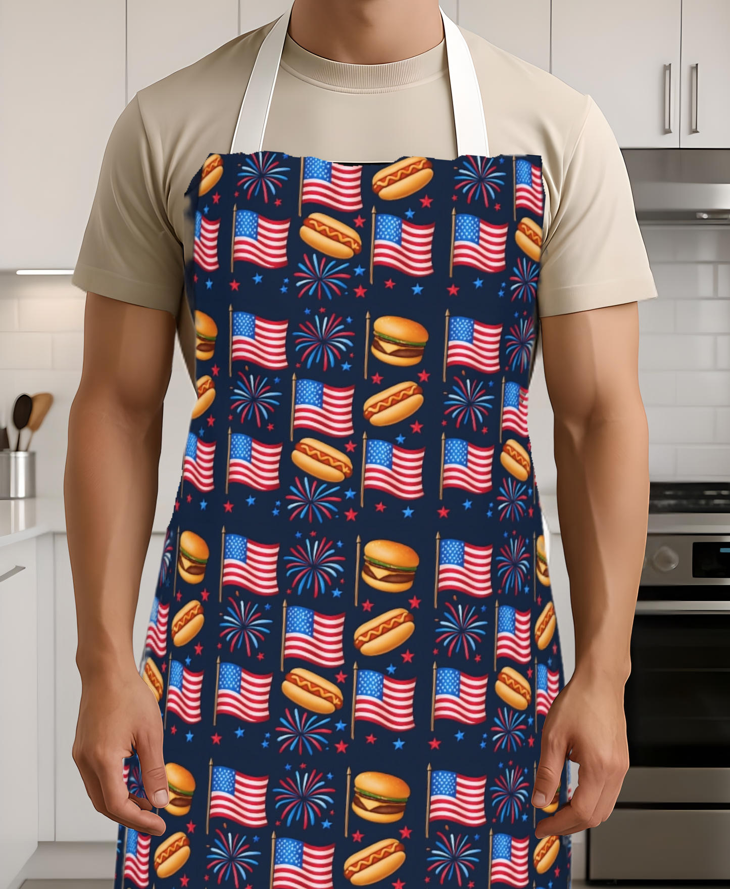 American Flag BBQ Apron, Cooking Chef Apron, Patriotic Grilling Apron, Barbecue Apron, Red White Blue Fireworks Apron