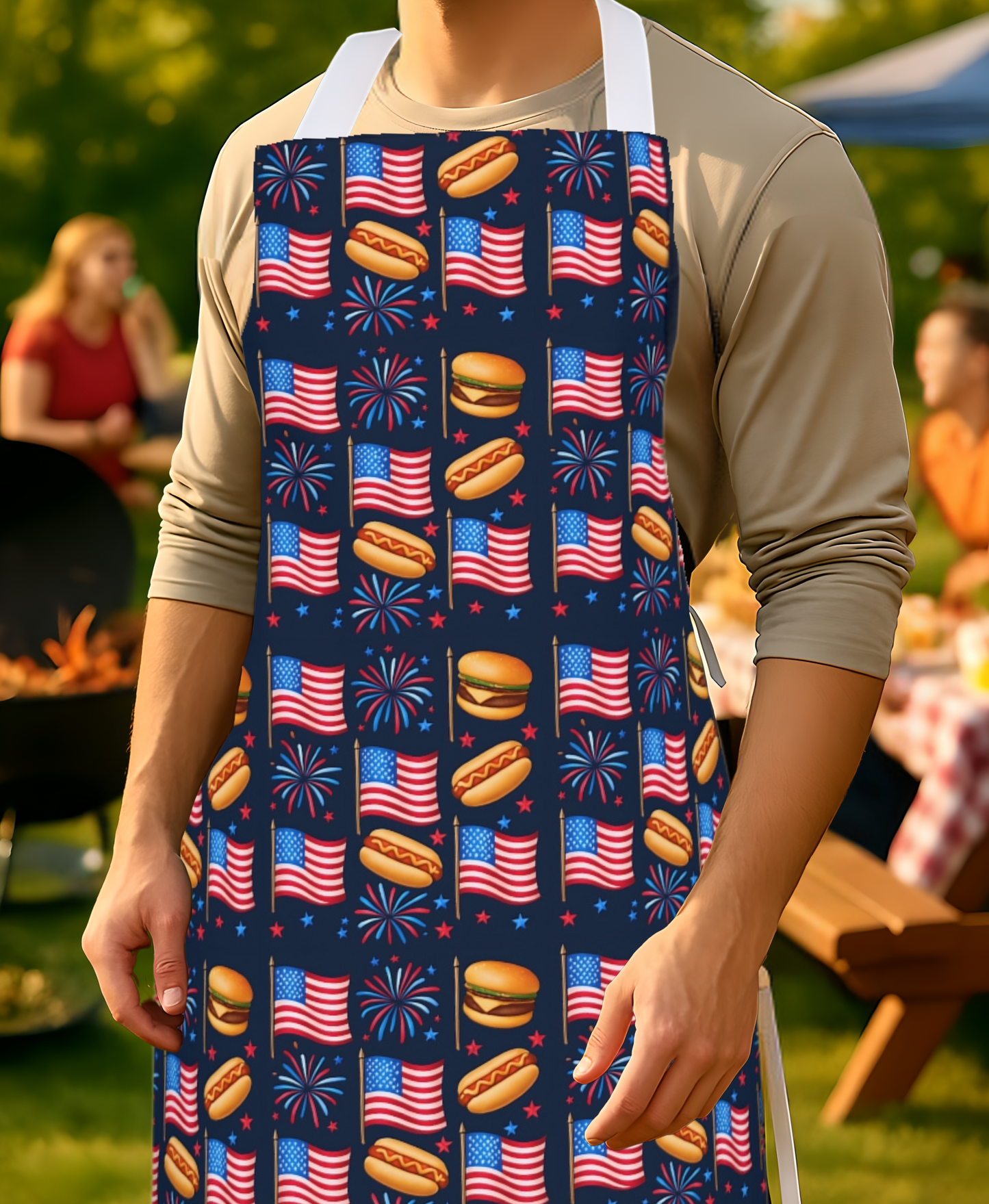 American Flag BBQ Apron, Cooking Chef Apron, Patriotic Grilling Apron, Barbecue Apron, Red White Blue Fireworks Apron