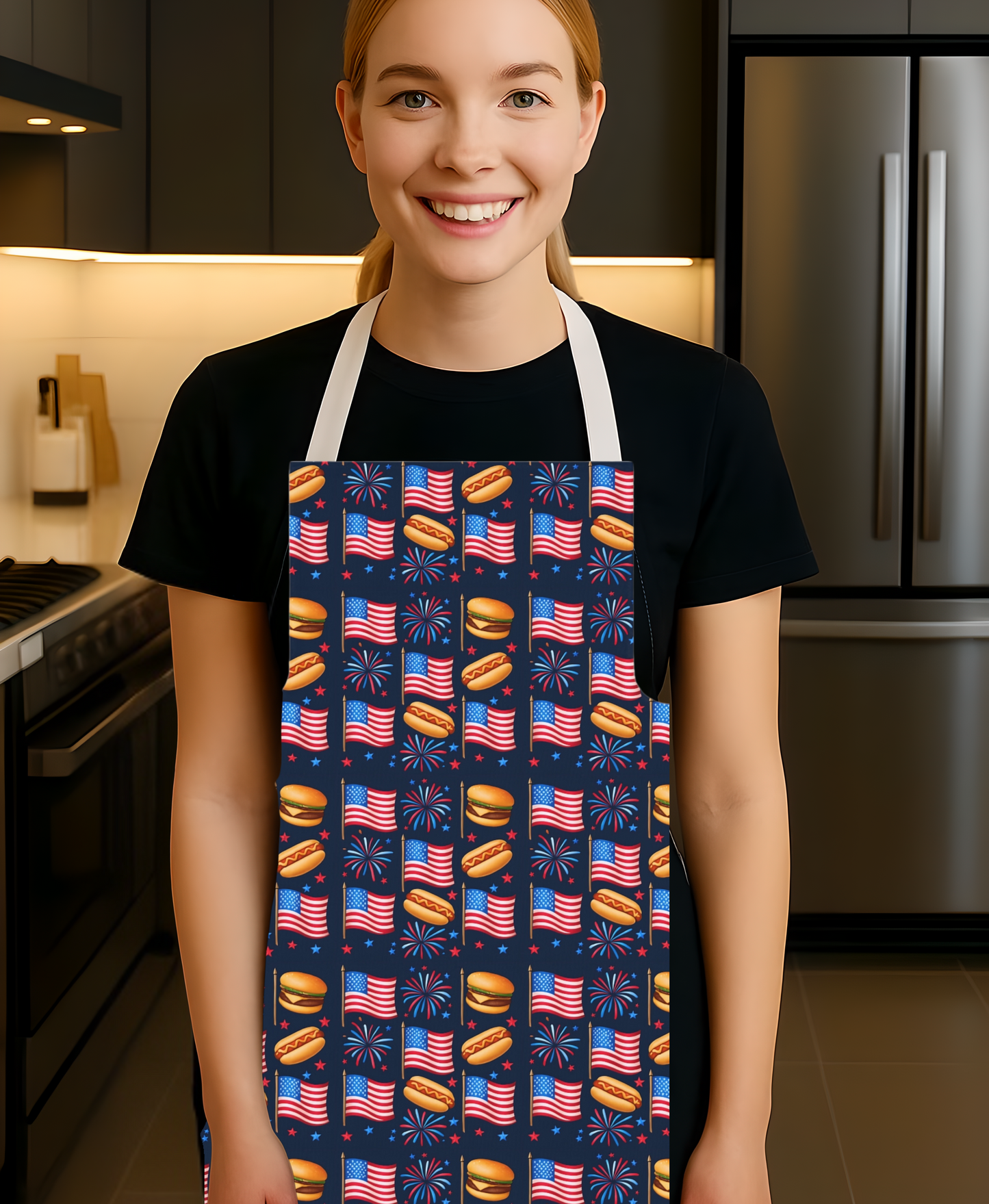 American Flag BBQ Apron, Cooking Chef Apron, Patriotic Grilling Apron, Barbecue Apron, Red White Blue Fireworks Apron
