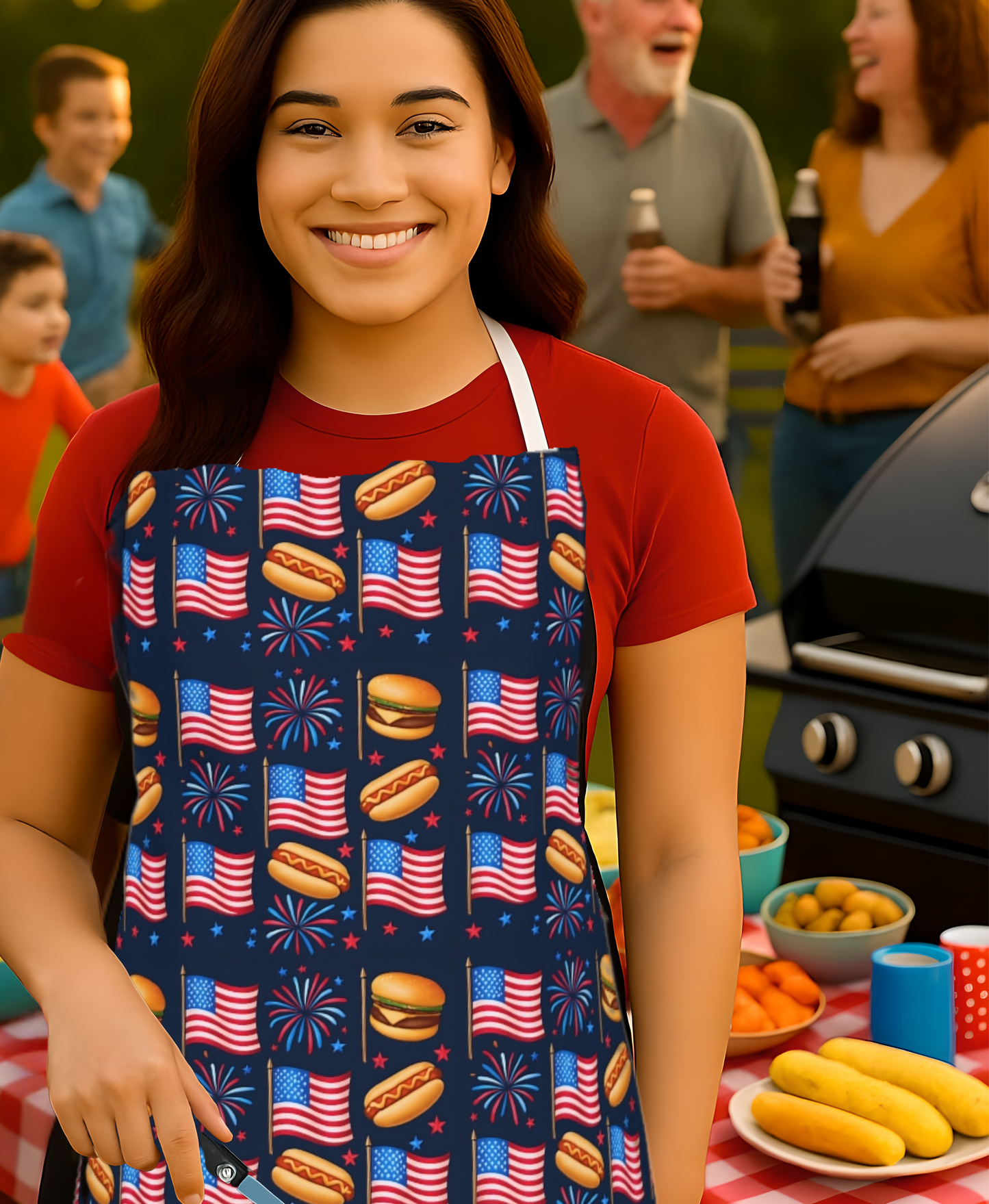American Flag BBQ Apron, Cooking Chef Apron, Patriotic Grilling Apron, Barbecue Apron, Red White Blue Fireworks Apron