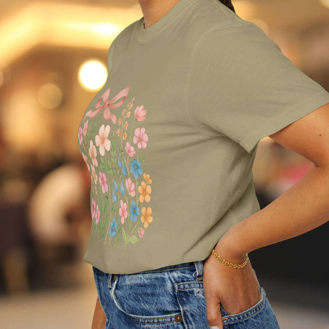 Dried Flowers, Boho Wildflowers Botanical Shirt, Wild Flowers T-Shirt, Vintage look, Pink Bow