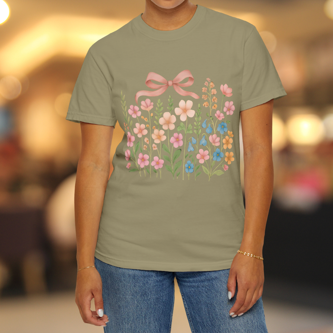Dried Flowers, Boho Wildflowers Botanical Shirt, Wild Flowers T-Shirt, Vintage look, Pink Bow