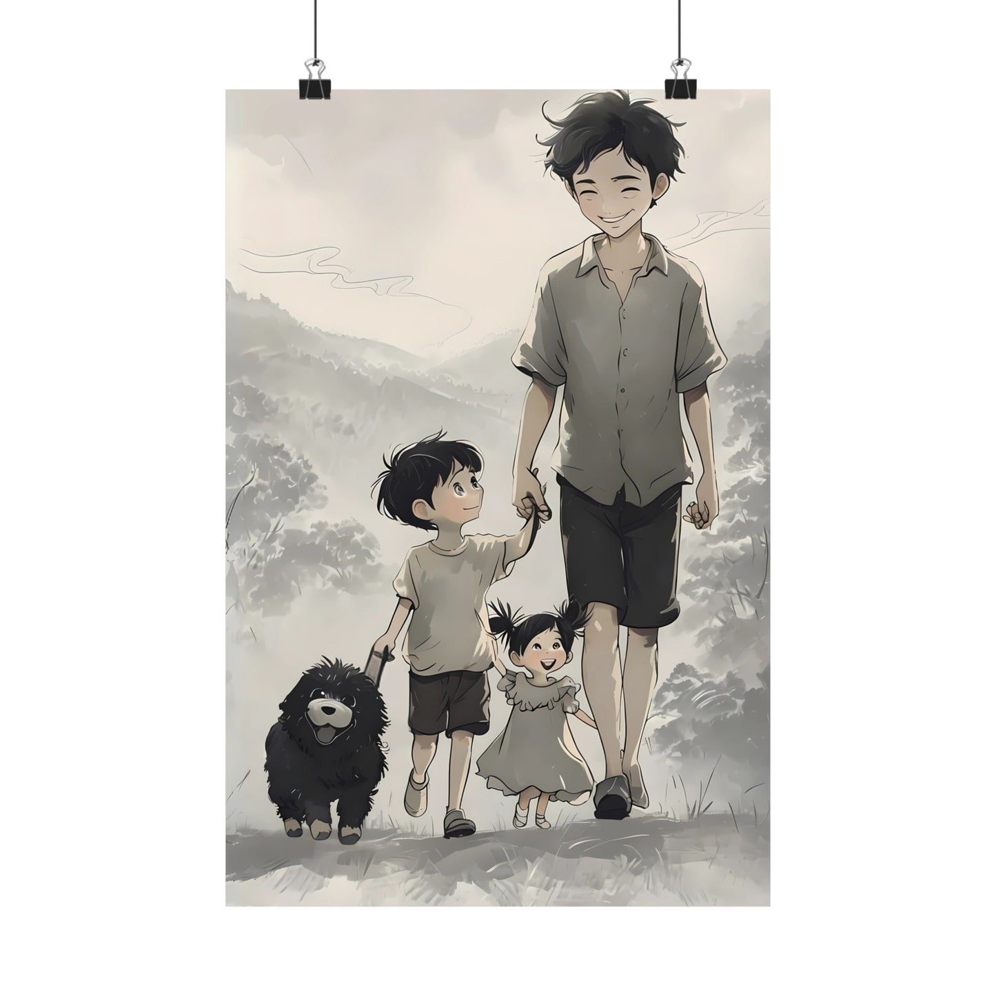 Vertical Family Nature Walk Matte Poster, Father Son Daughter Dog Wall Art Print, Landscape Artwork, Father's Day Gift, Outdoor Adventure