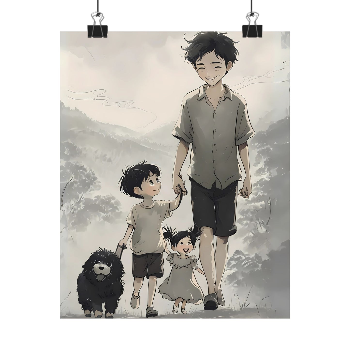 Vertical Family Nature Walk Matte Poster, Father Son Daughter Dog Wall Art Print, Landscape Artwork, Father's Day Gift, Outdoor Adventure