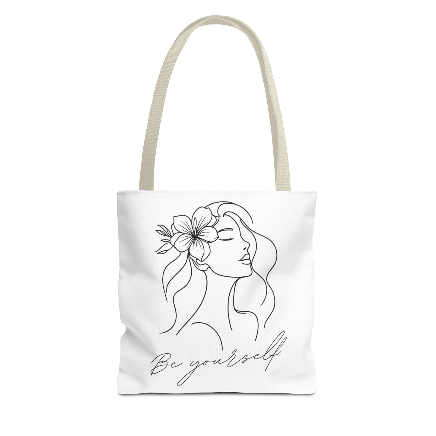 Tote Bag - Be Yourself Phrase with Woman's Head and Flower Design