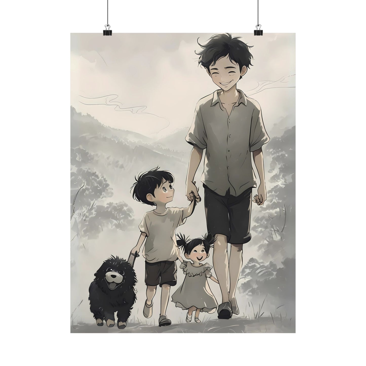 Vertical Family Nature Walk Matte Poster, Father Son Daughter Dog Wall Art Print, Landscape Artwork, Father's Day Gift, Outdoor Adventure
